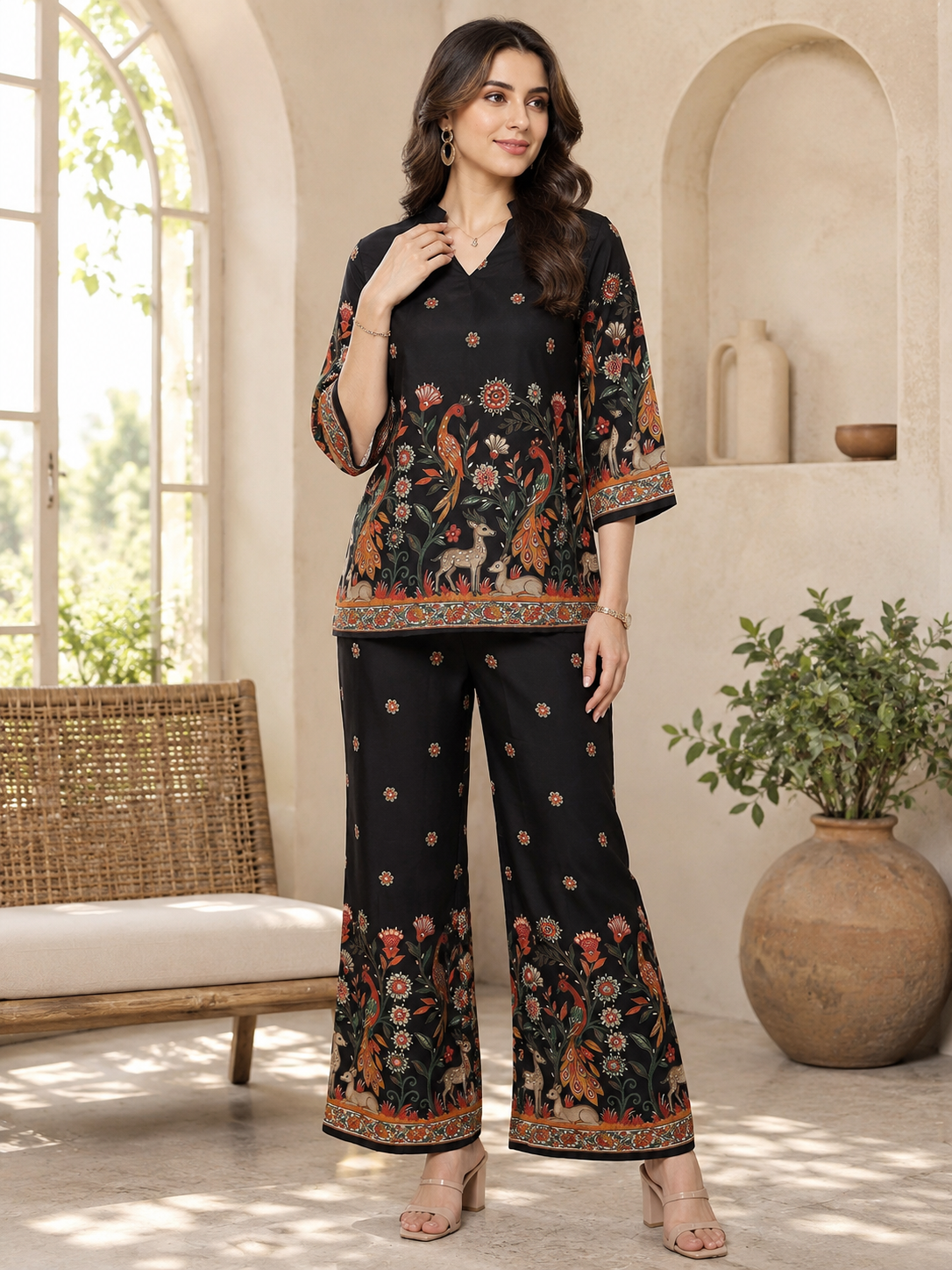 Black Peacock Printed Tunic with Printed Palazzos | Claura