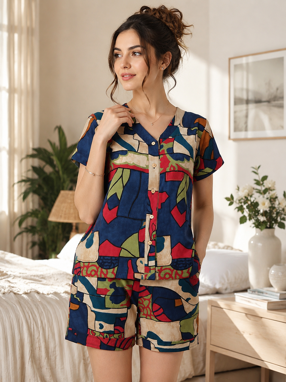 Blue Rayon Abstract Print Night Suit for Women | Claura