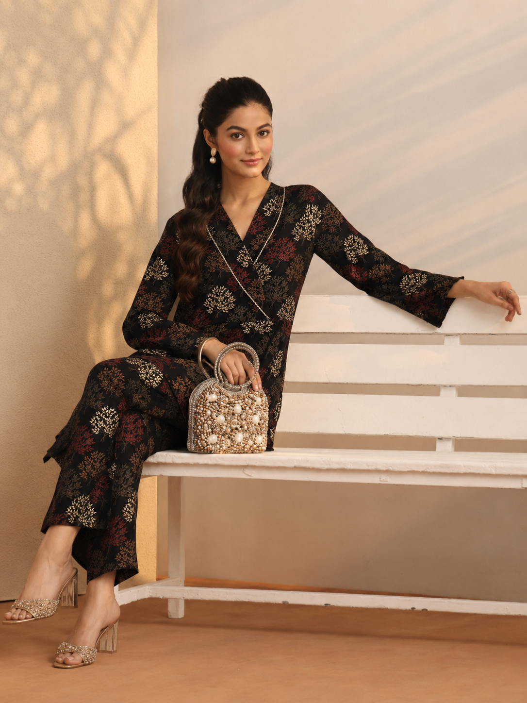 Black Ethnic Printed Chanderi Silk Set with Long-Sleeve Co-ord Set for Women