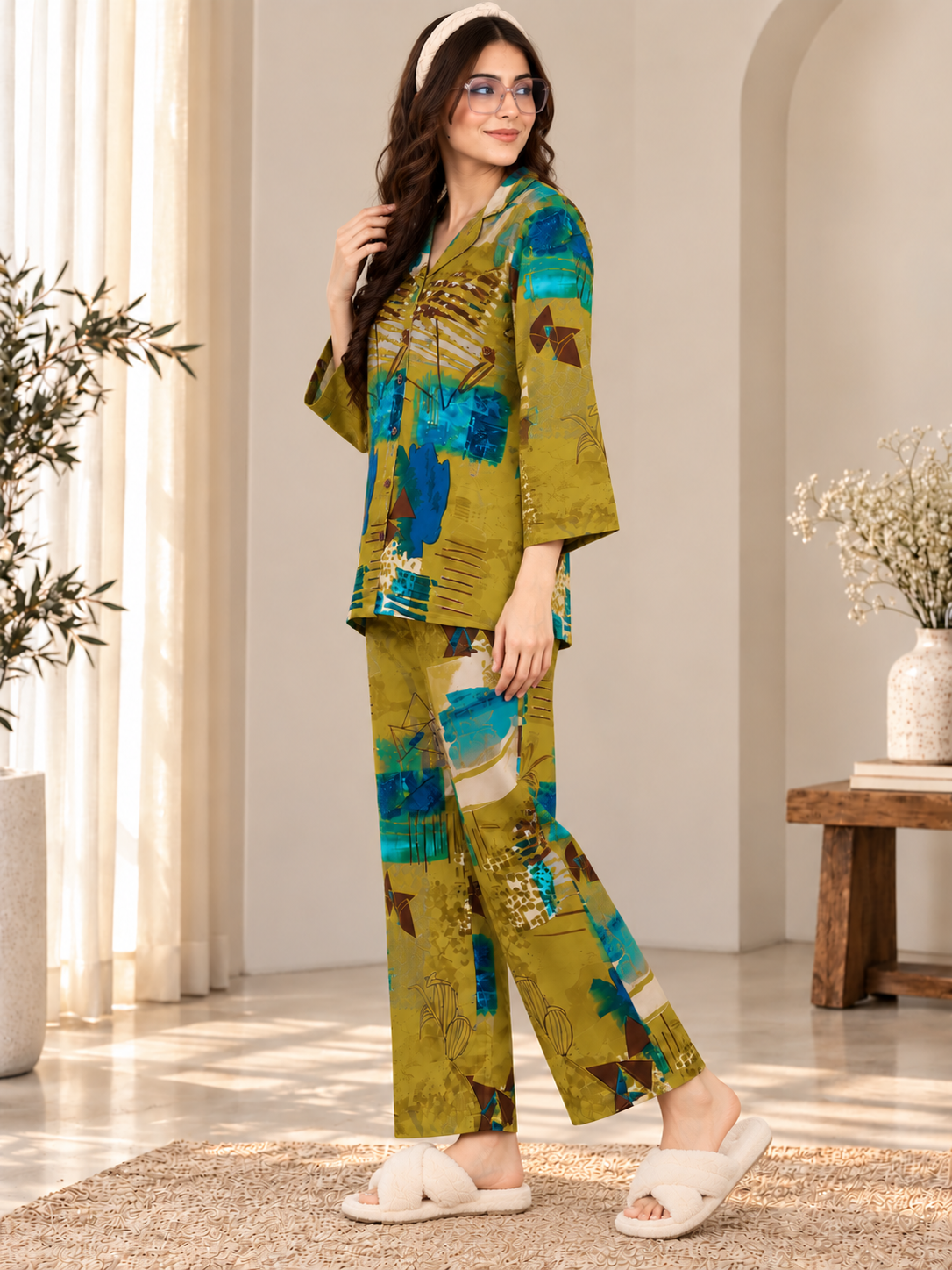 Olive Green Viscose Rayon Full Sleeve Night Suit for Women | Claura