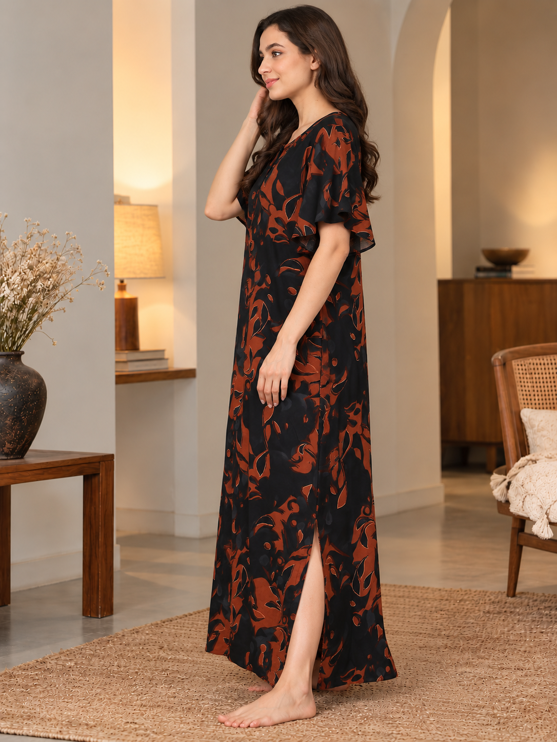 Brown Floral Print Short Sleeve Maxi Nightdress | Claura