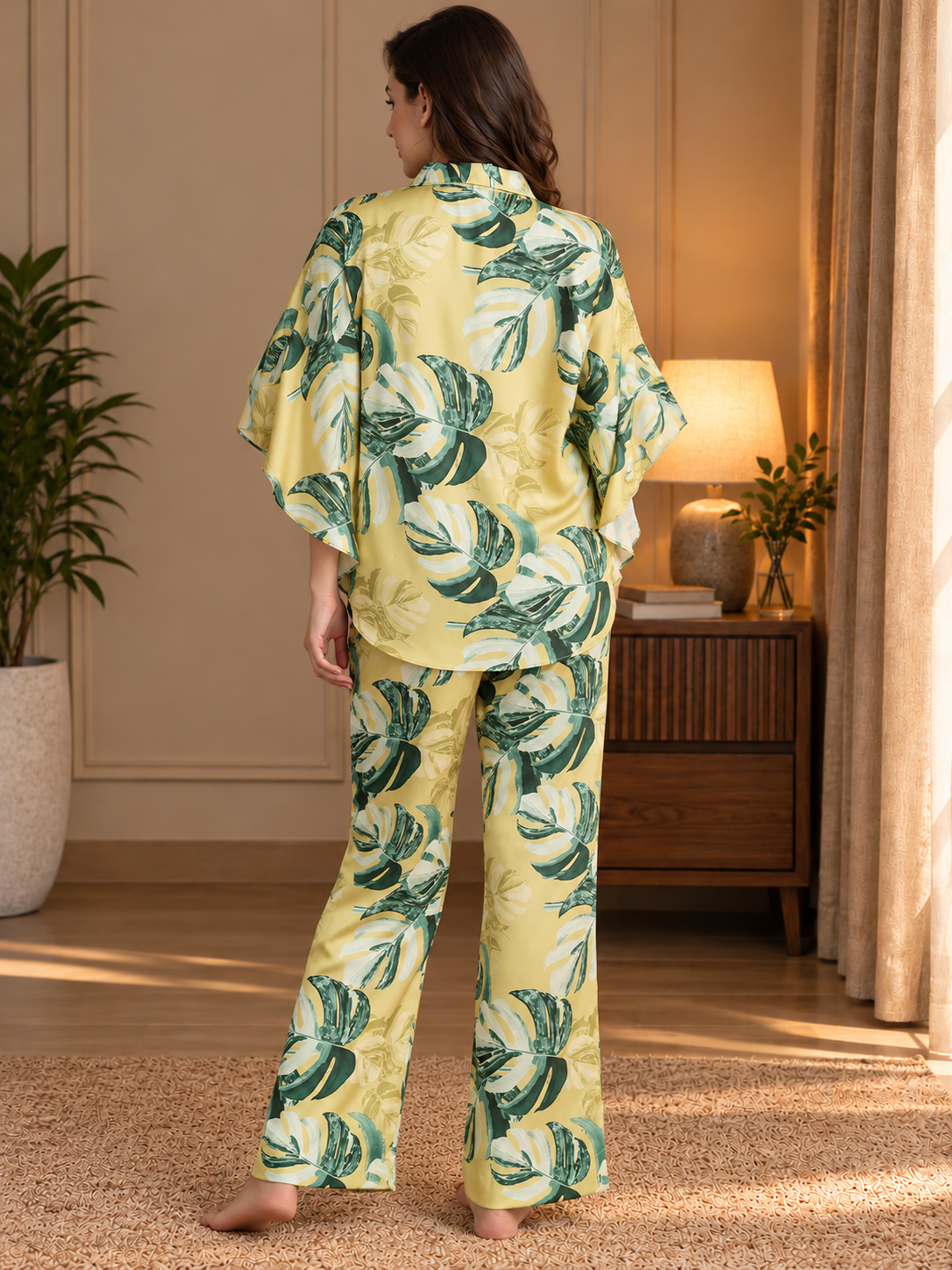 Yellow Floral Satin Night Suit for Women | Claura