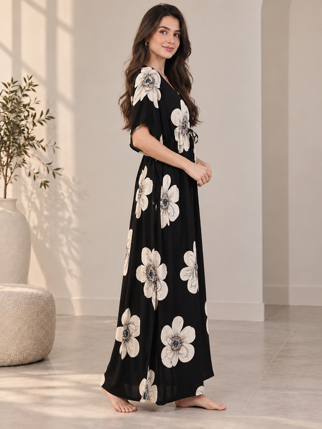 Black Floral Rayon Kaftan for Women | V-Neck | Claura