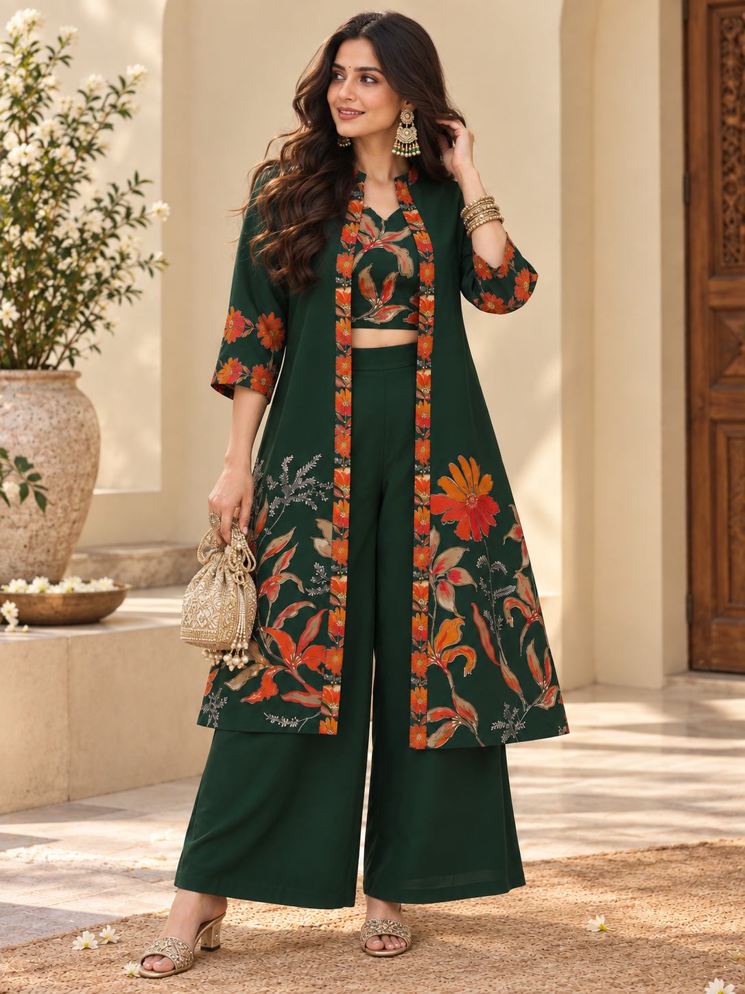 Green Floral Printed Chanderi Silk Co-Ord Set for Women