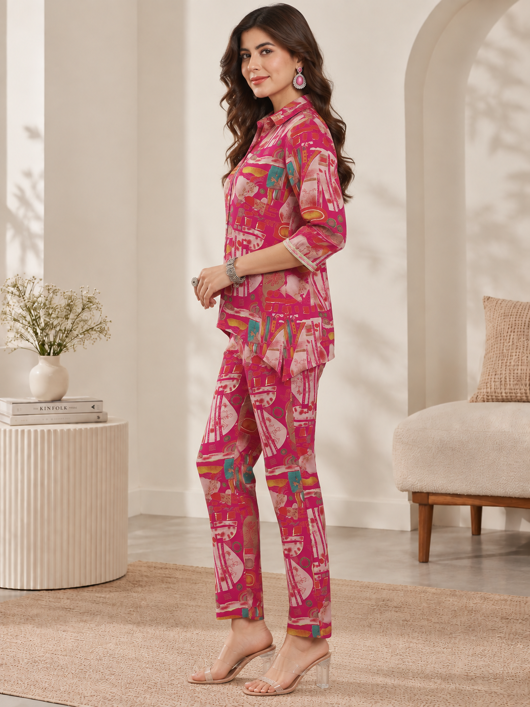 Pink Abstract Chanderi Silk Ethnic Co-Ord Set for Women