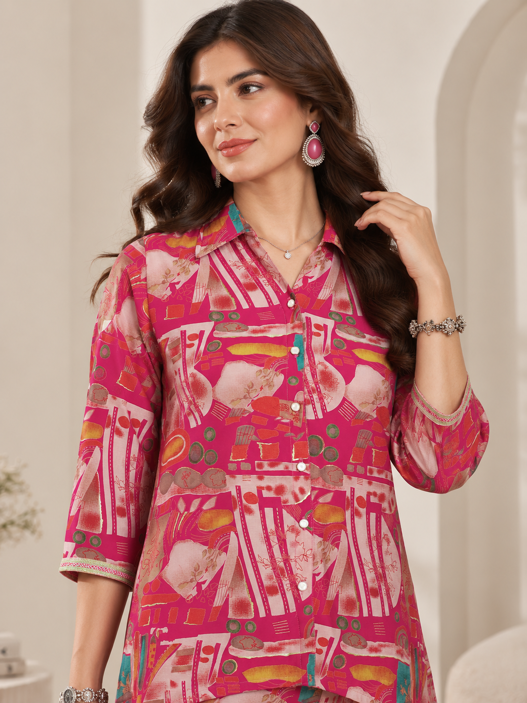 Pink Abstract Chanderi Silk Ethnic Co-Ord Set for Women