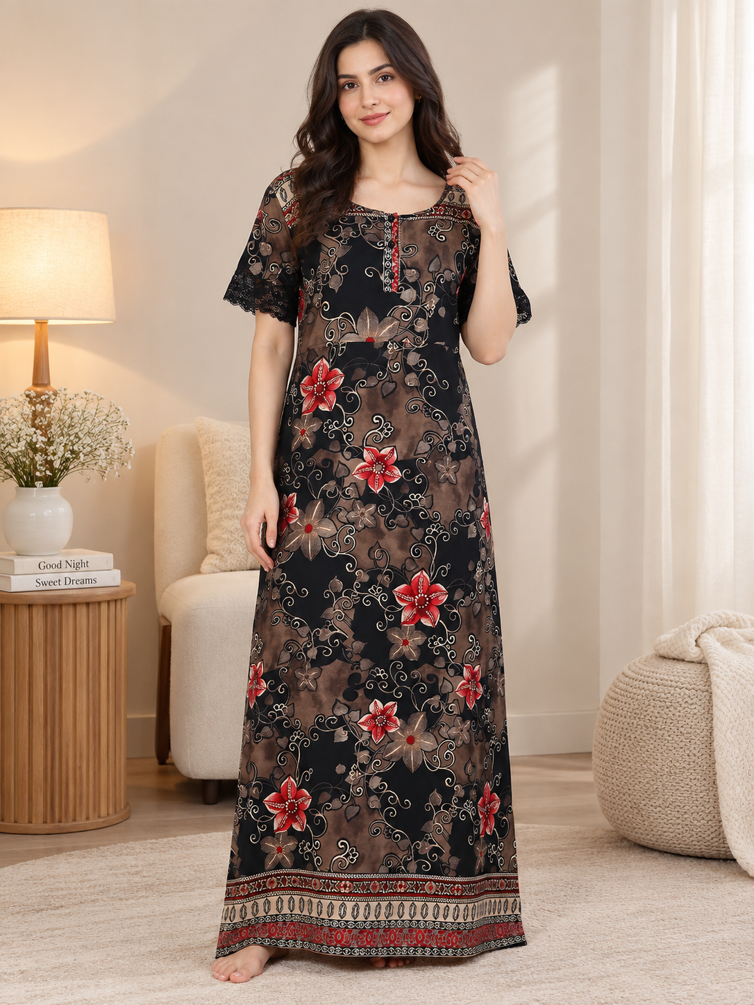 Black Color Floral Printed Viscose Rayon Nighty | Claura