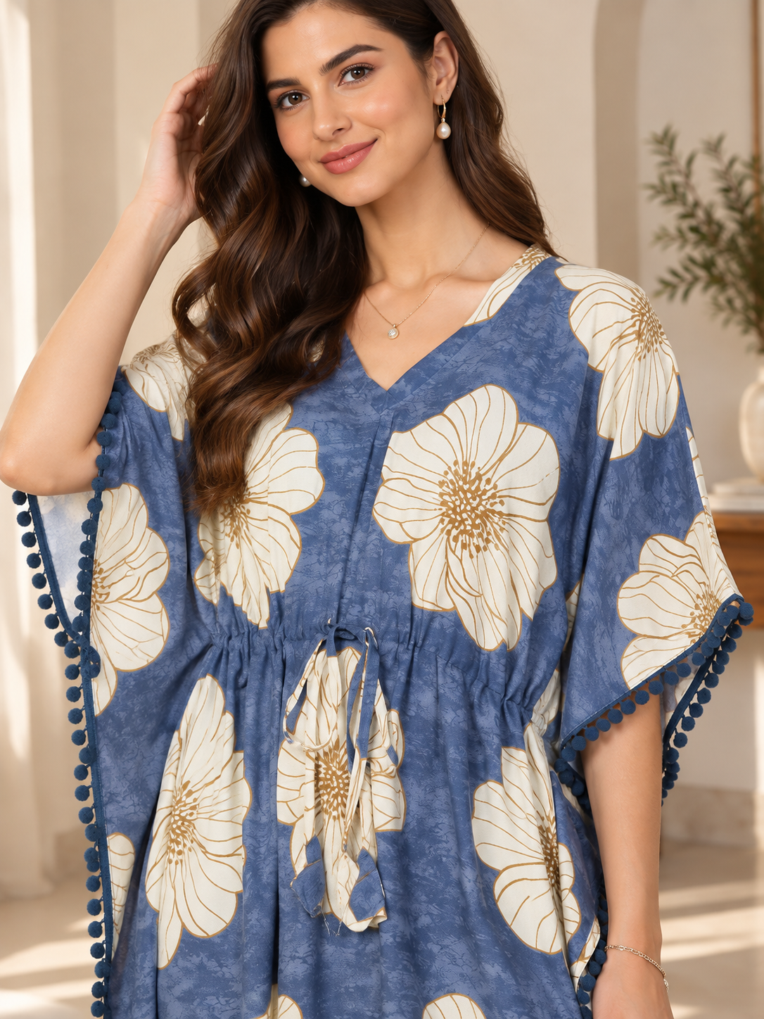Blue Color Abstract Printed Viscose Rayon Kaftan | Claura
