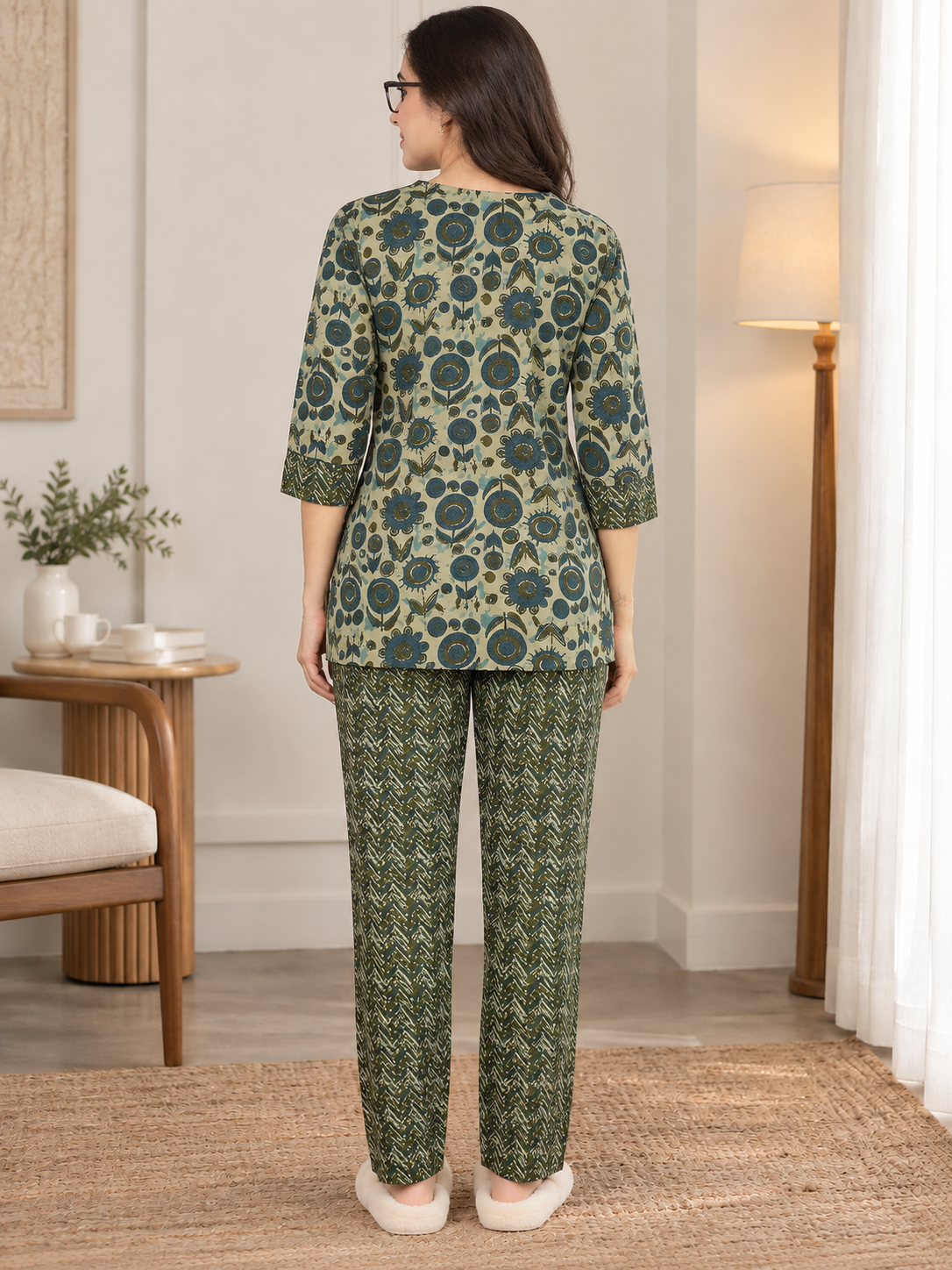 Green Floral Printed Cotton Night Suit Set with V-Neck | Claura