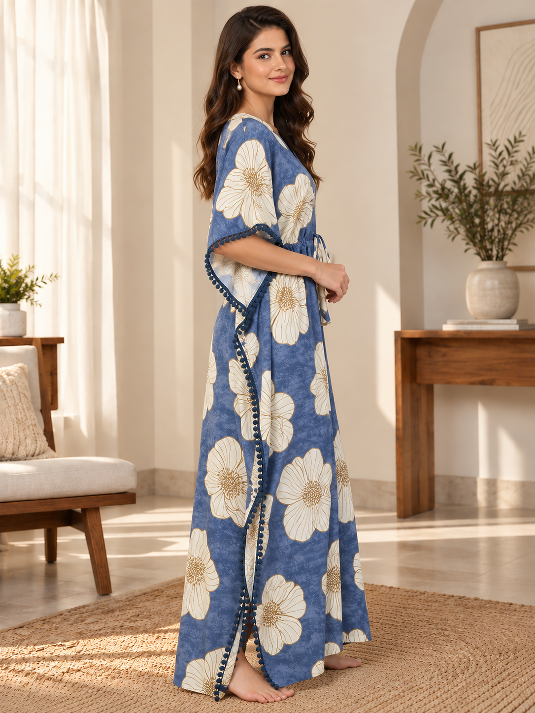 Blue Color Abstract Printed Viscose Rayon Kaftan | Claura