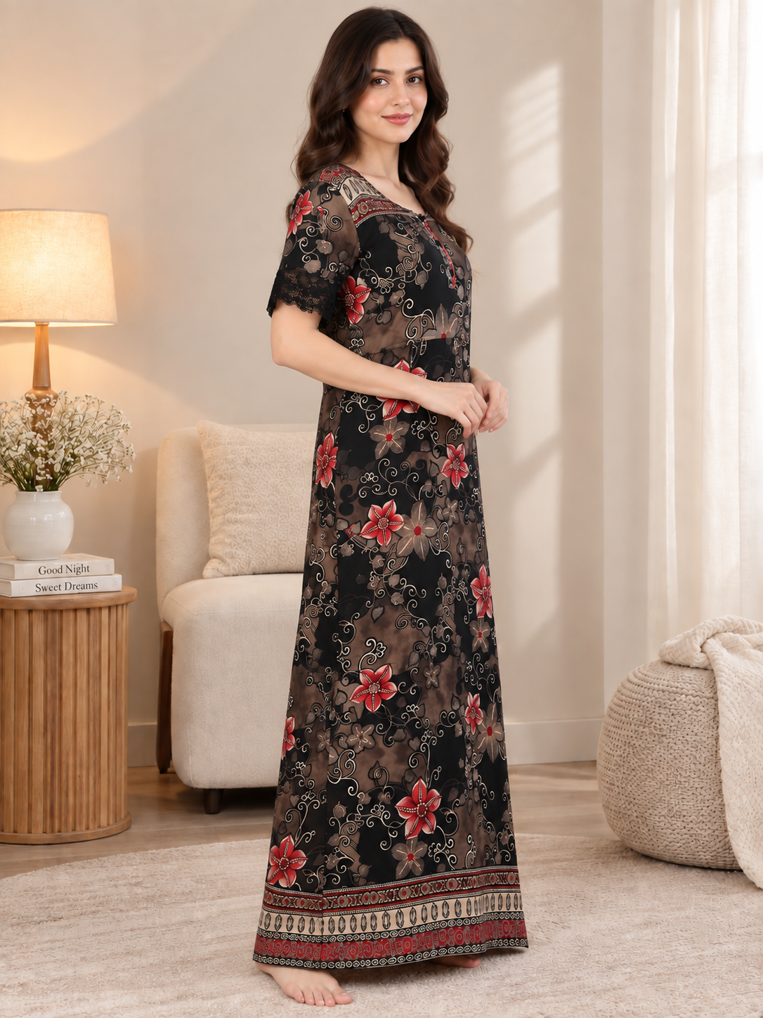 Black Color Floral Printed Viscose Rayon Nighty | Claura