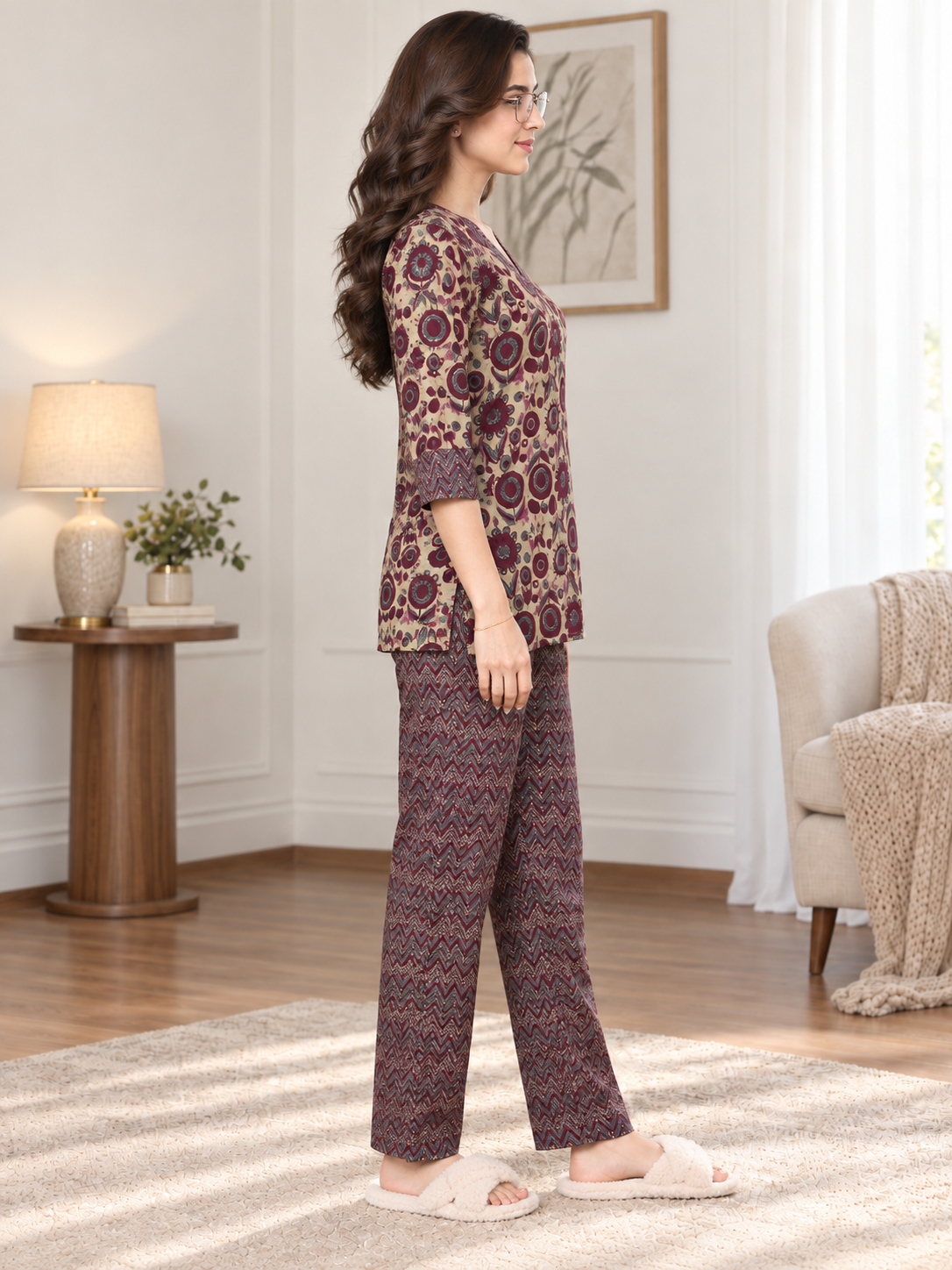 Purple Floral Printed Cotton Night Suit For Women | Claura
