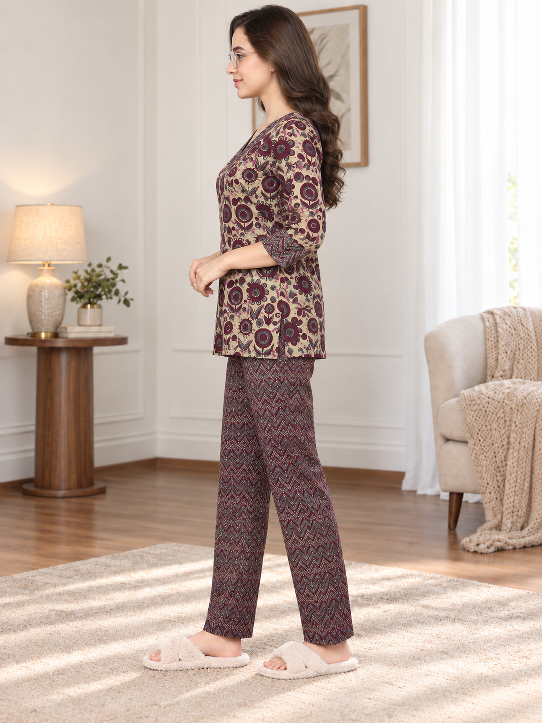 Purple Floral Printed Cotton Night Suit For Women | Claura