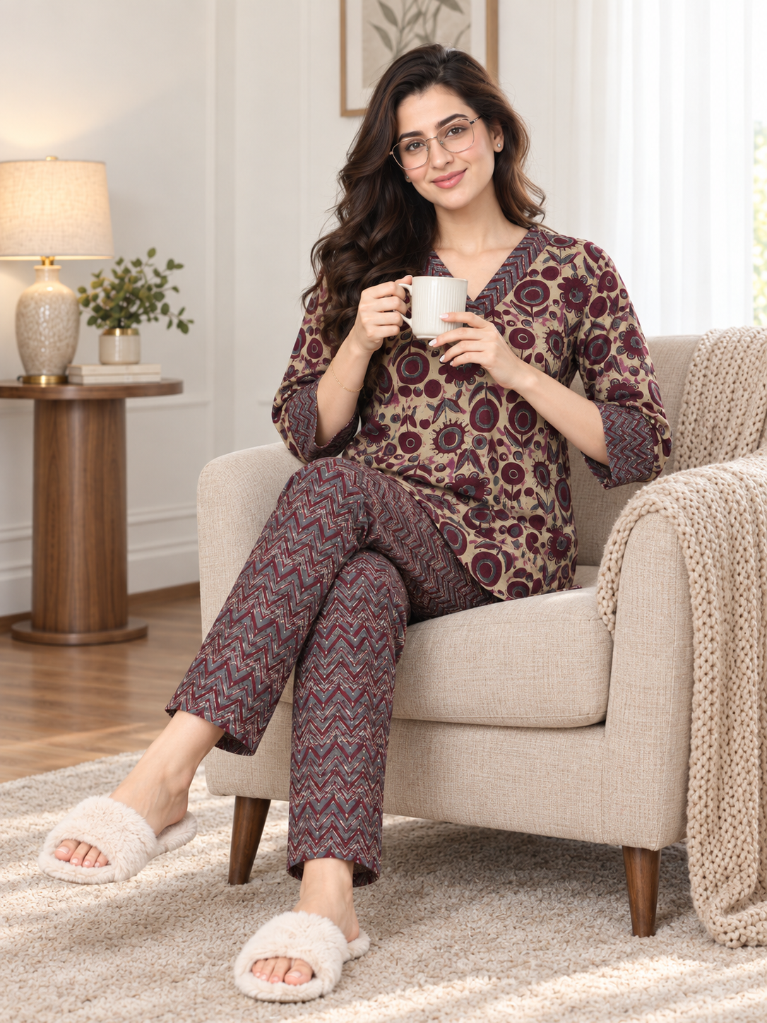 Purple Floral Printed Cotton Night Suit For Women | Claura