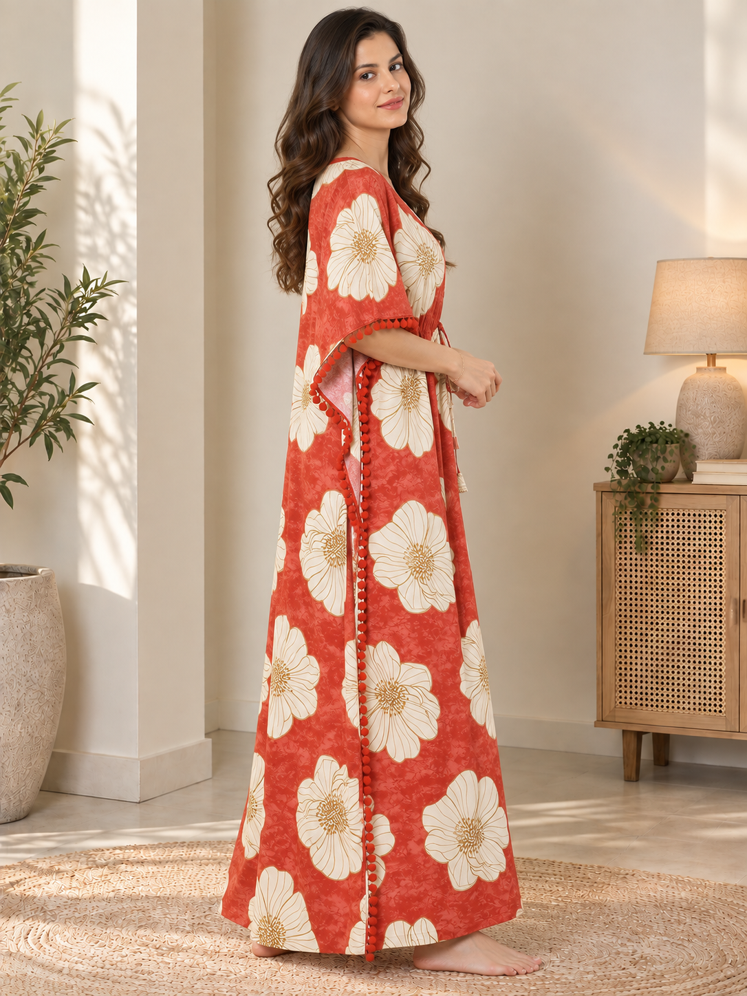 Red Color Floral Printed Viscose Rayon Kaftan | Claura