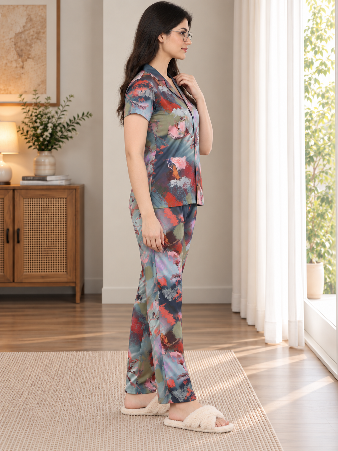 Multi Color Printed Satin Night suit for Women | Claura