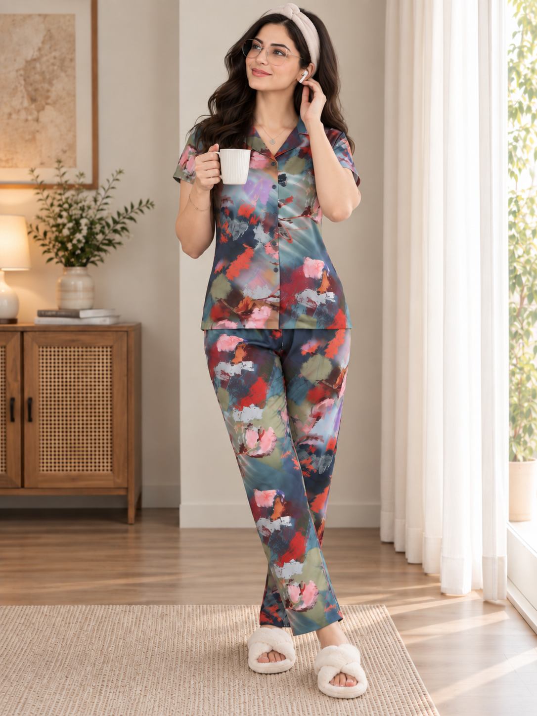 Multi Color Printed Satin Night suit for Women | Claura