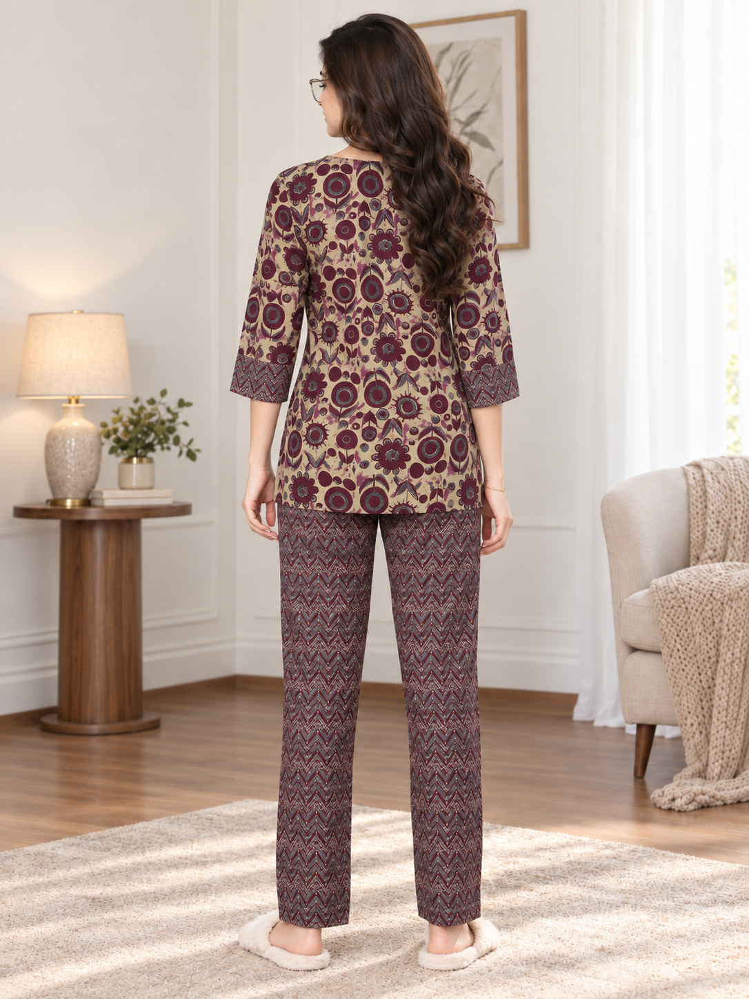 Purple Floral Printed Cotton Night Suit For Women | Claura