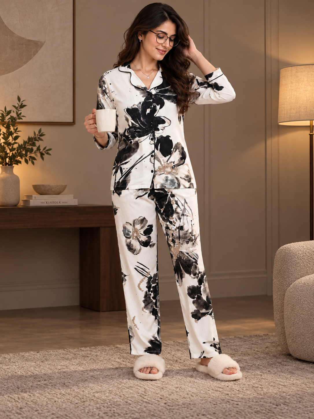 Black Viscose Floral Printed Night Suit for Women | Claura
