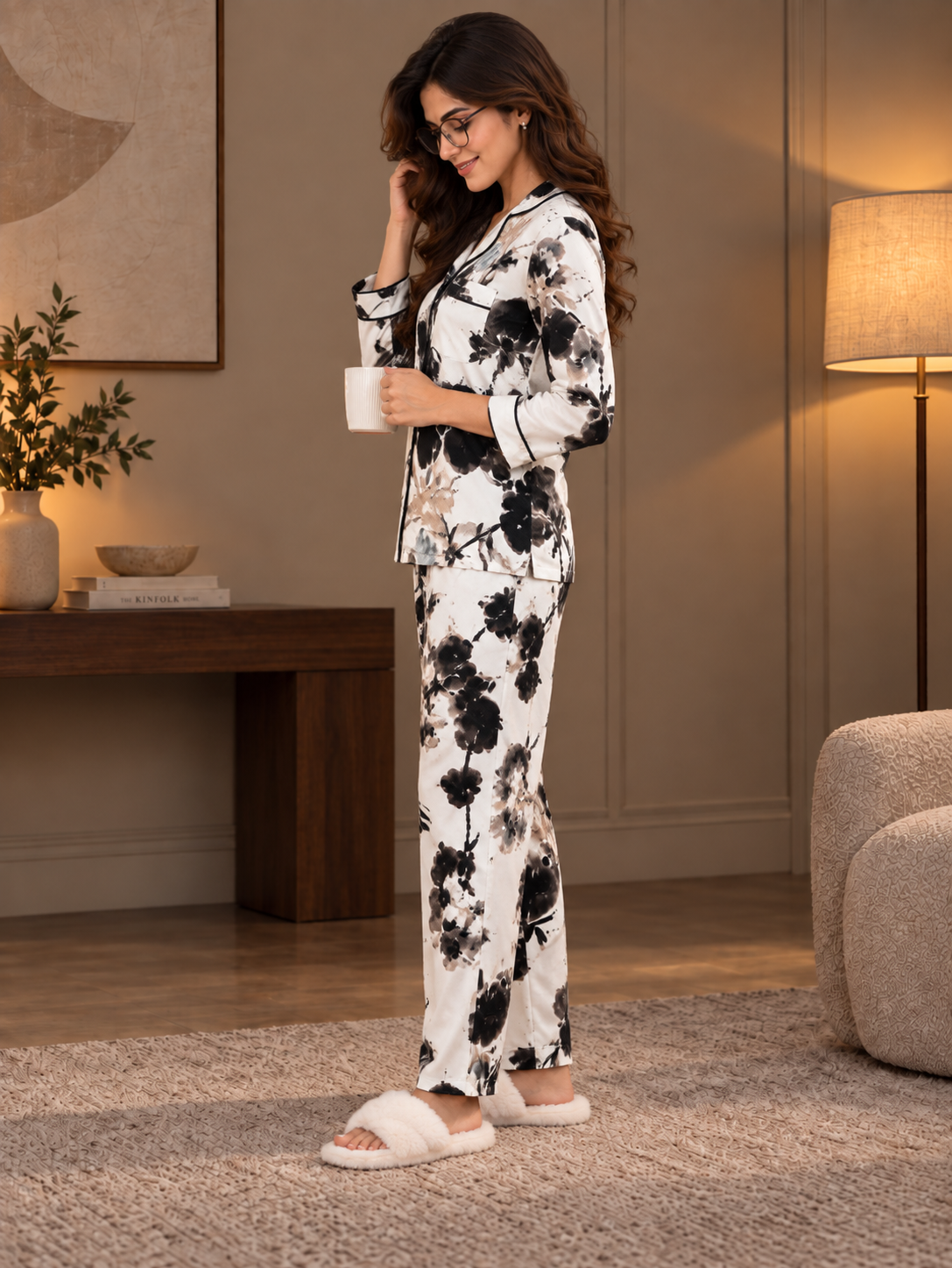 Black Viscose Floral Printed Night Suit for Women | Claura