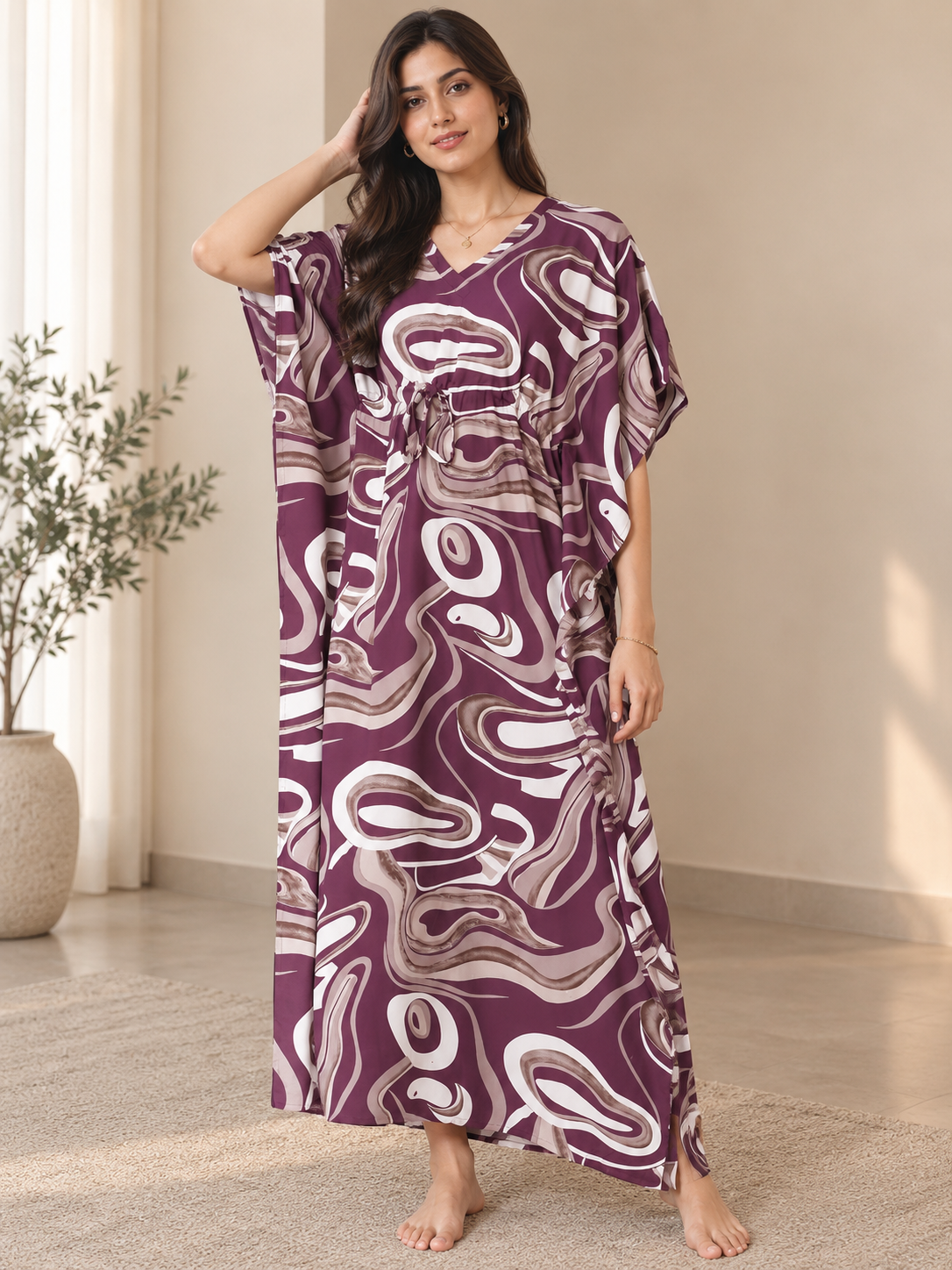 Purple Abstract Rayon Kaftan Dress for Women | Claura