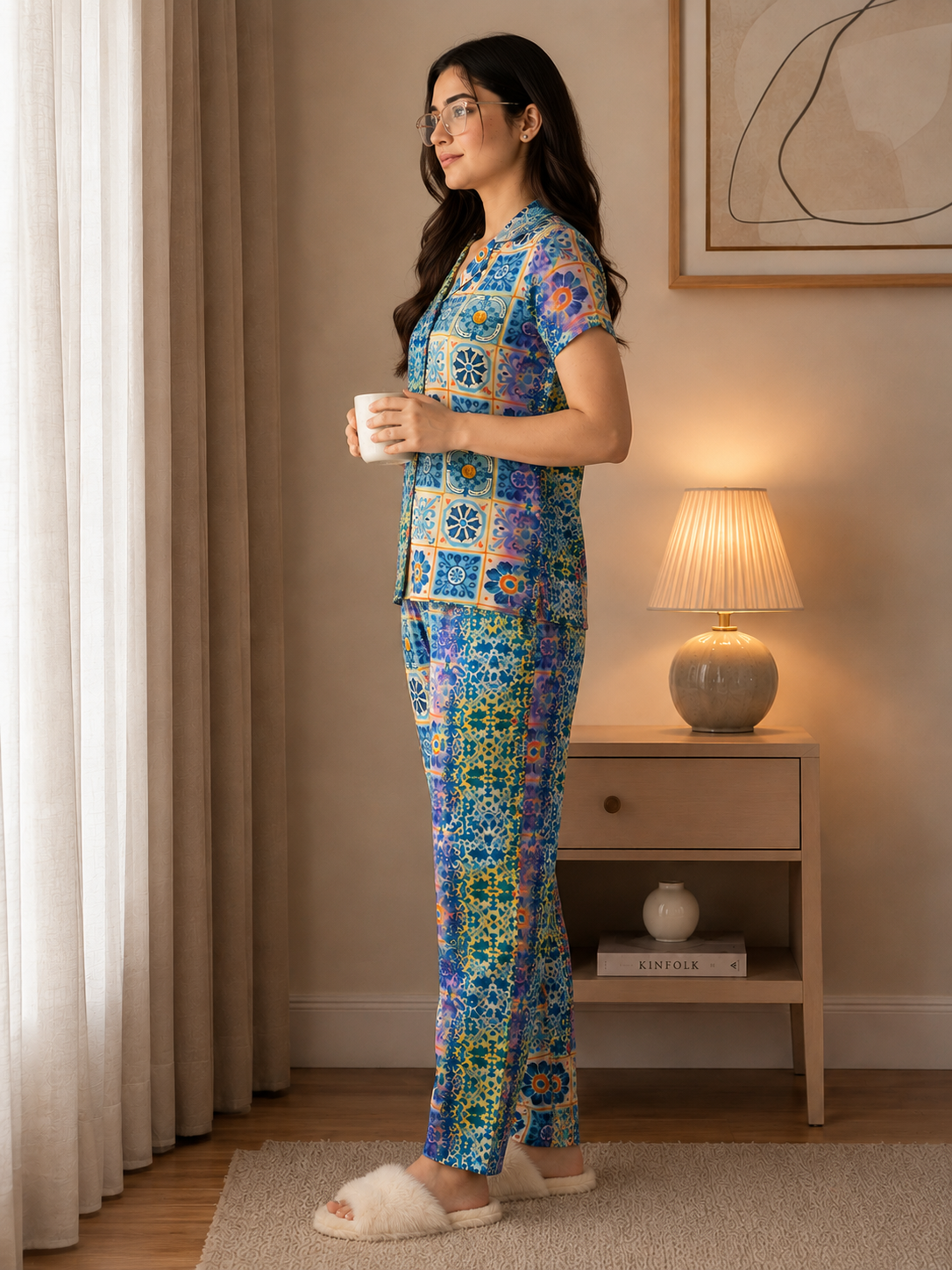 Multi Color Geometric Printed Rayon Night suit for Women | Claura