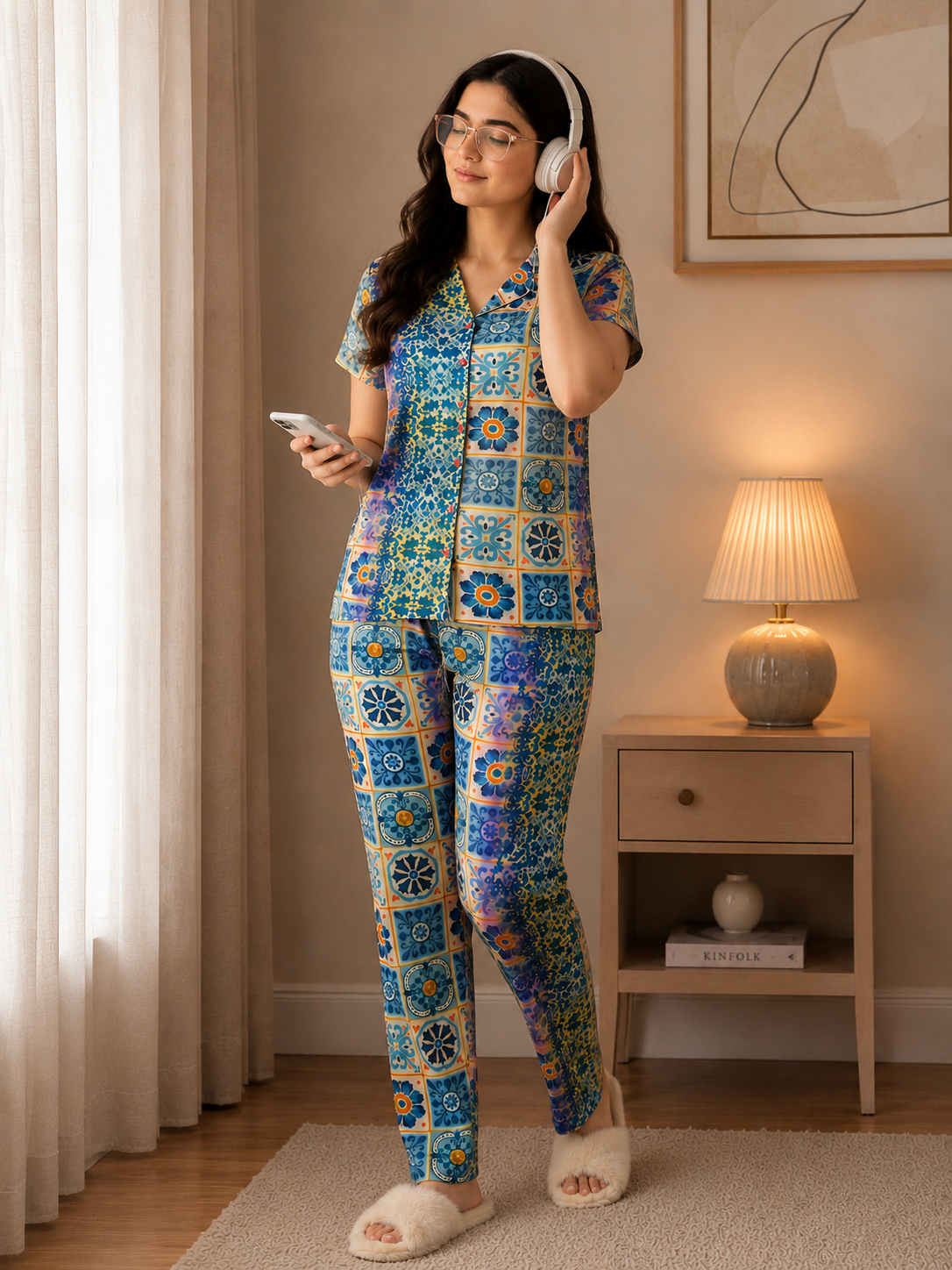 Multi Color Geometric Printed Rayon Night suit for Women | Claura