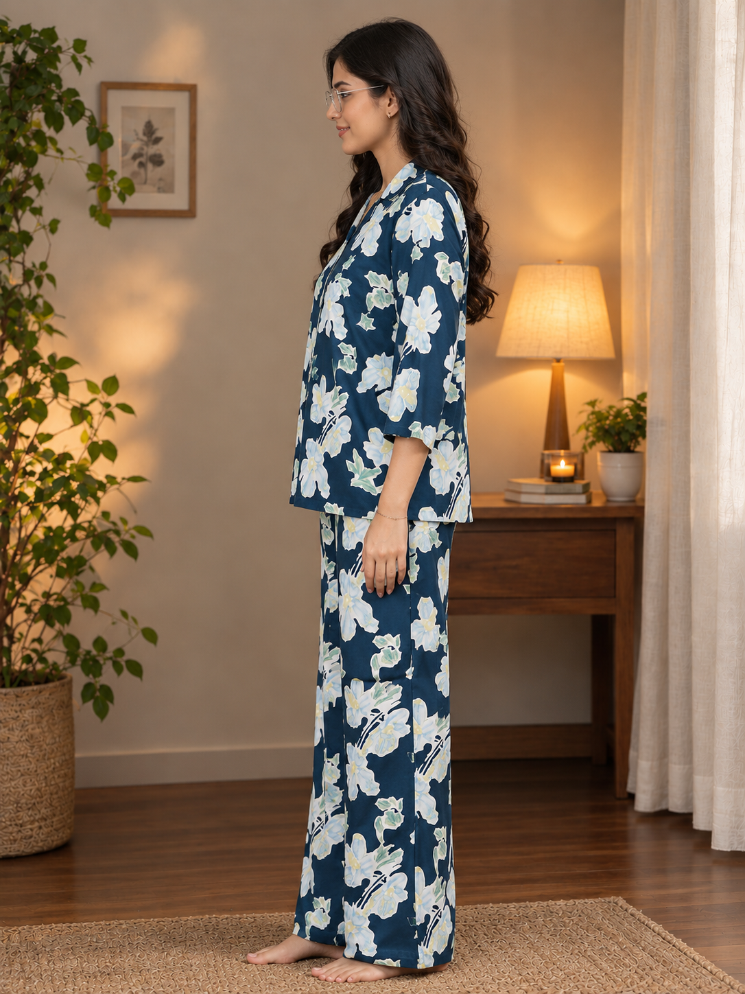 Blue Abstract Viscose Rayon Night Suit – V-Neck | Claura