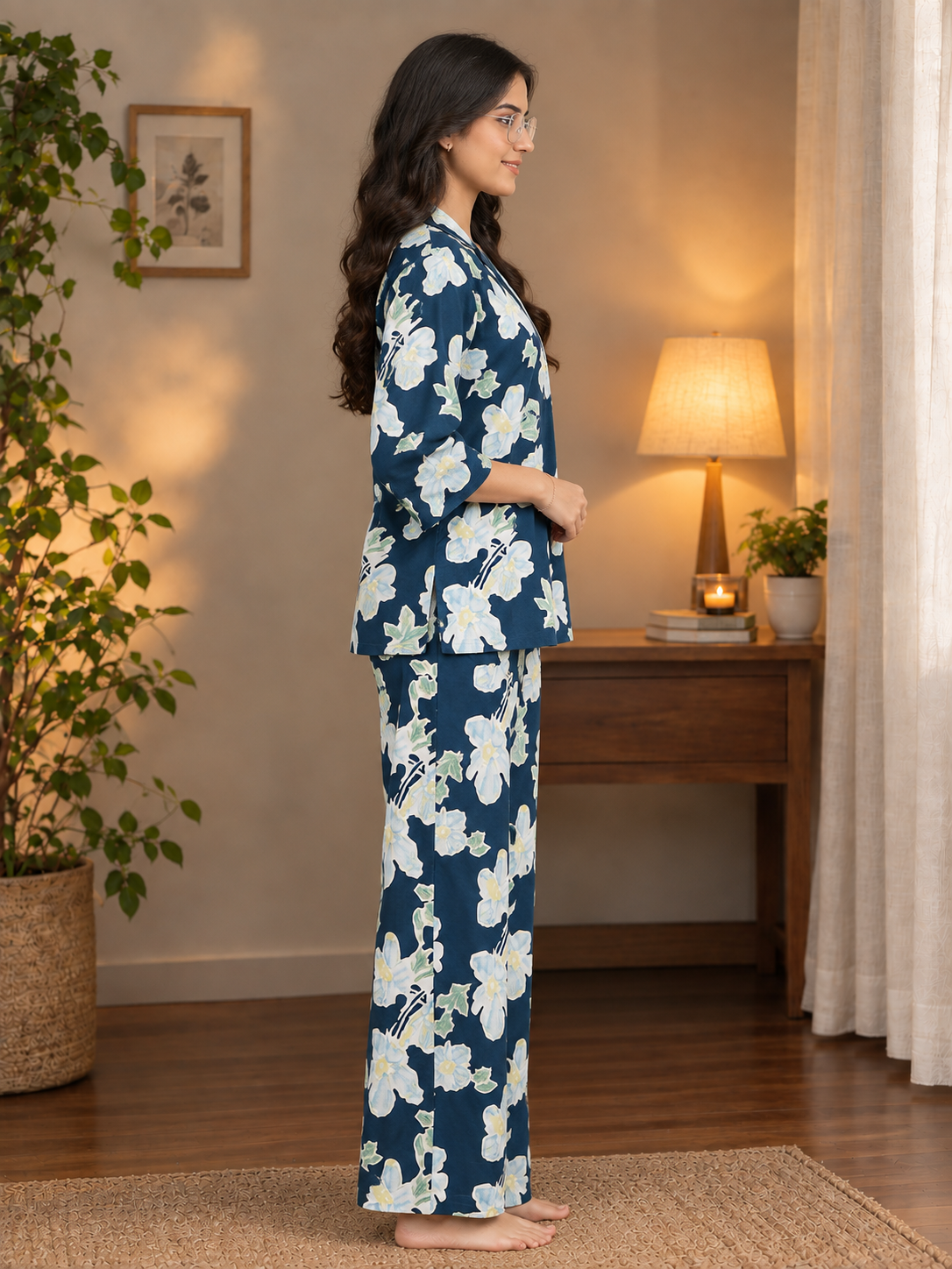 Blue Abstract Viscose Rayon Night Suit – V-Neck | Claura