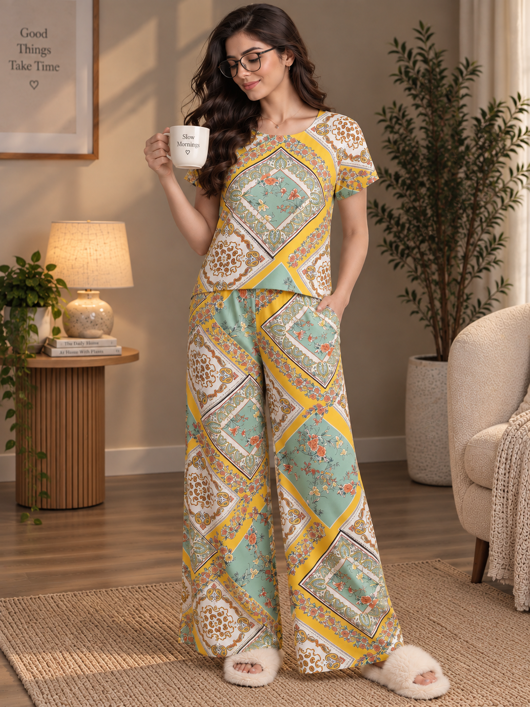 Multi-Color Floral Paisley Viscose Rayon Night Suit for Women | Claura
