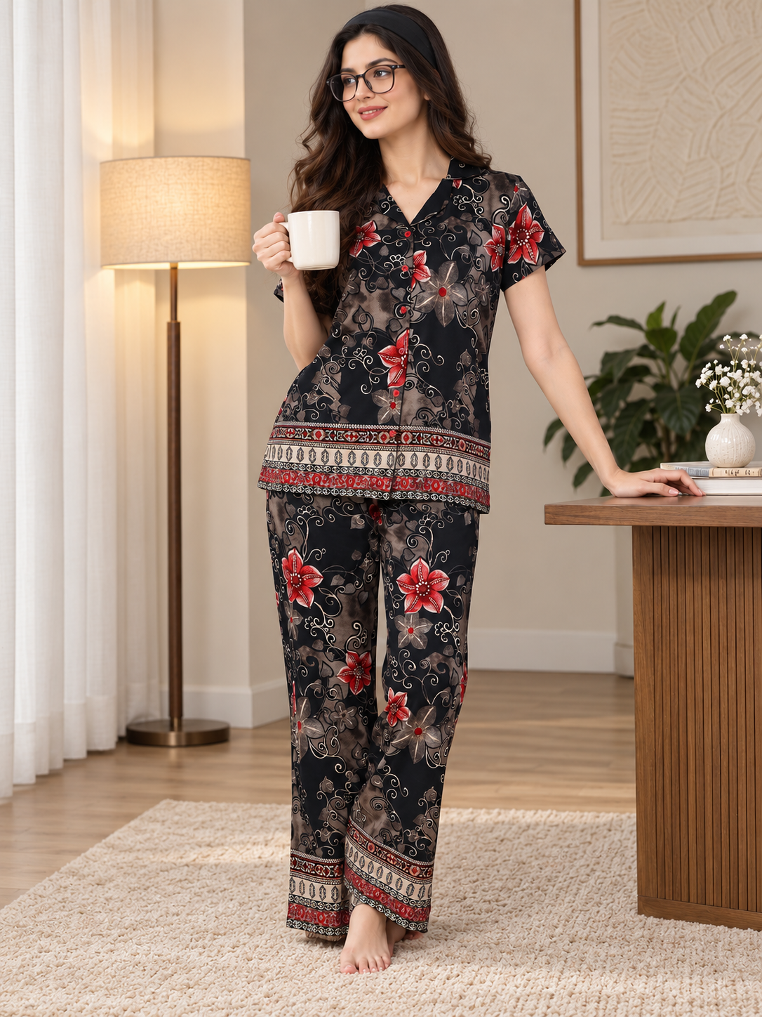 Black Color Floral Printed Viscose Rayon Night Suit For Women | Claura