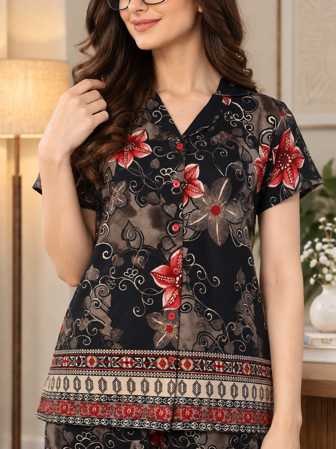 Black Color Floral Printed Viscose Rayon Night Suit For Women | Claura