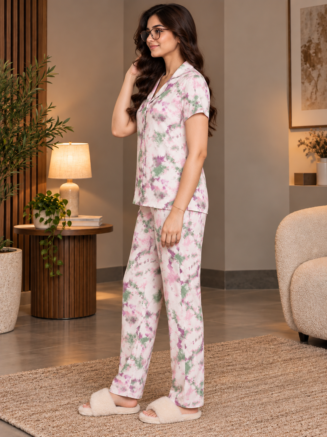 Pink Graphic Print Viscose Rayon Night Suit for Women | Claura
