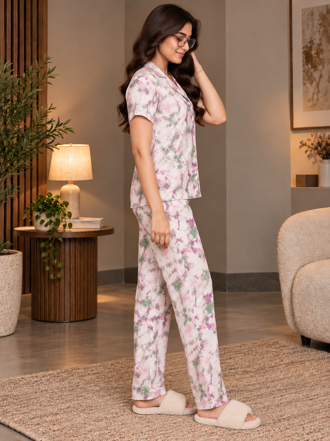 Pink Graphic Print Viscose Rayon Night Suit for Women | Claura