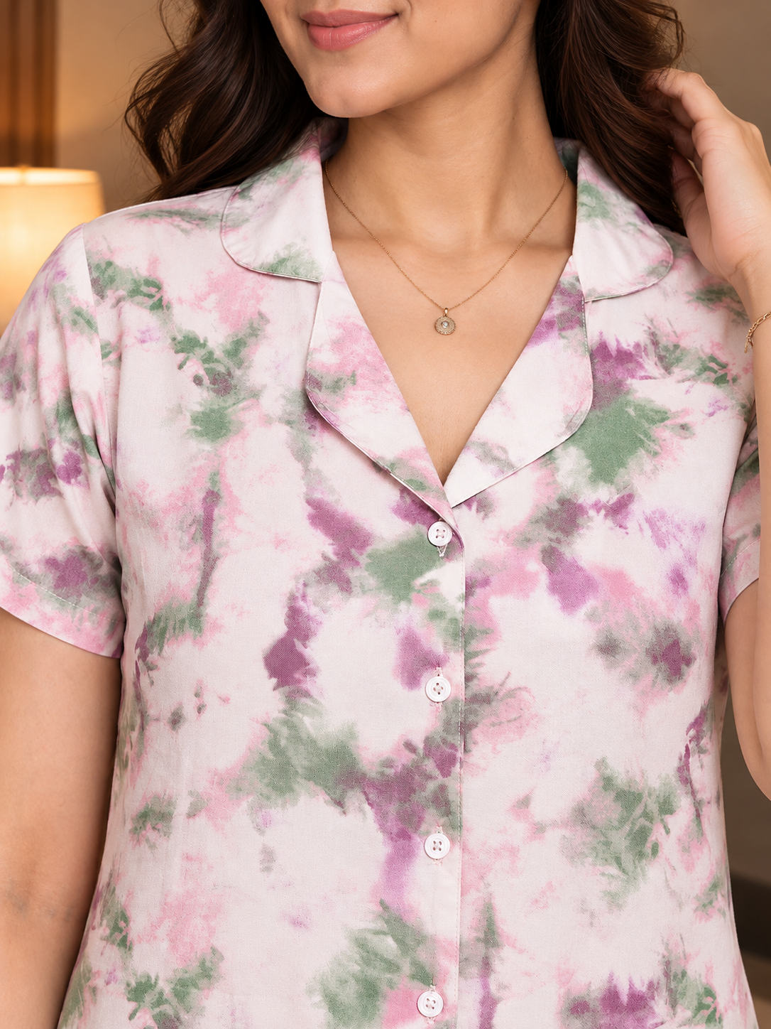 Pink Graphic Print Viscose Rayon Night Suit for Women | Claura
