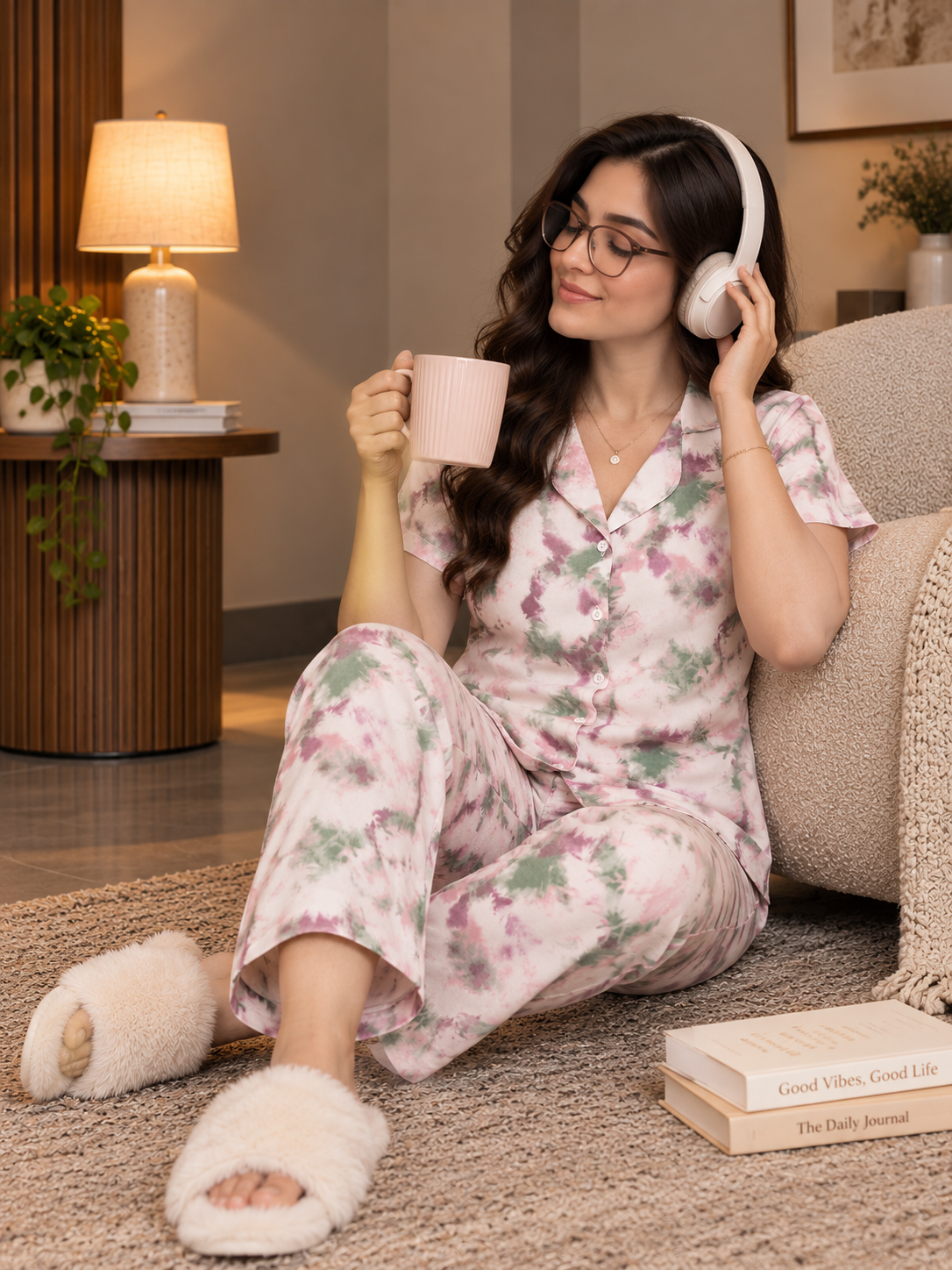 Pink Graphic Print Viscose Rayon Night Suit for Women | Claura