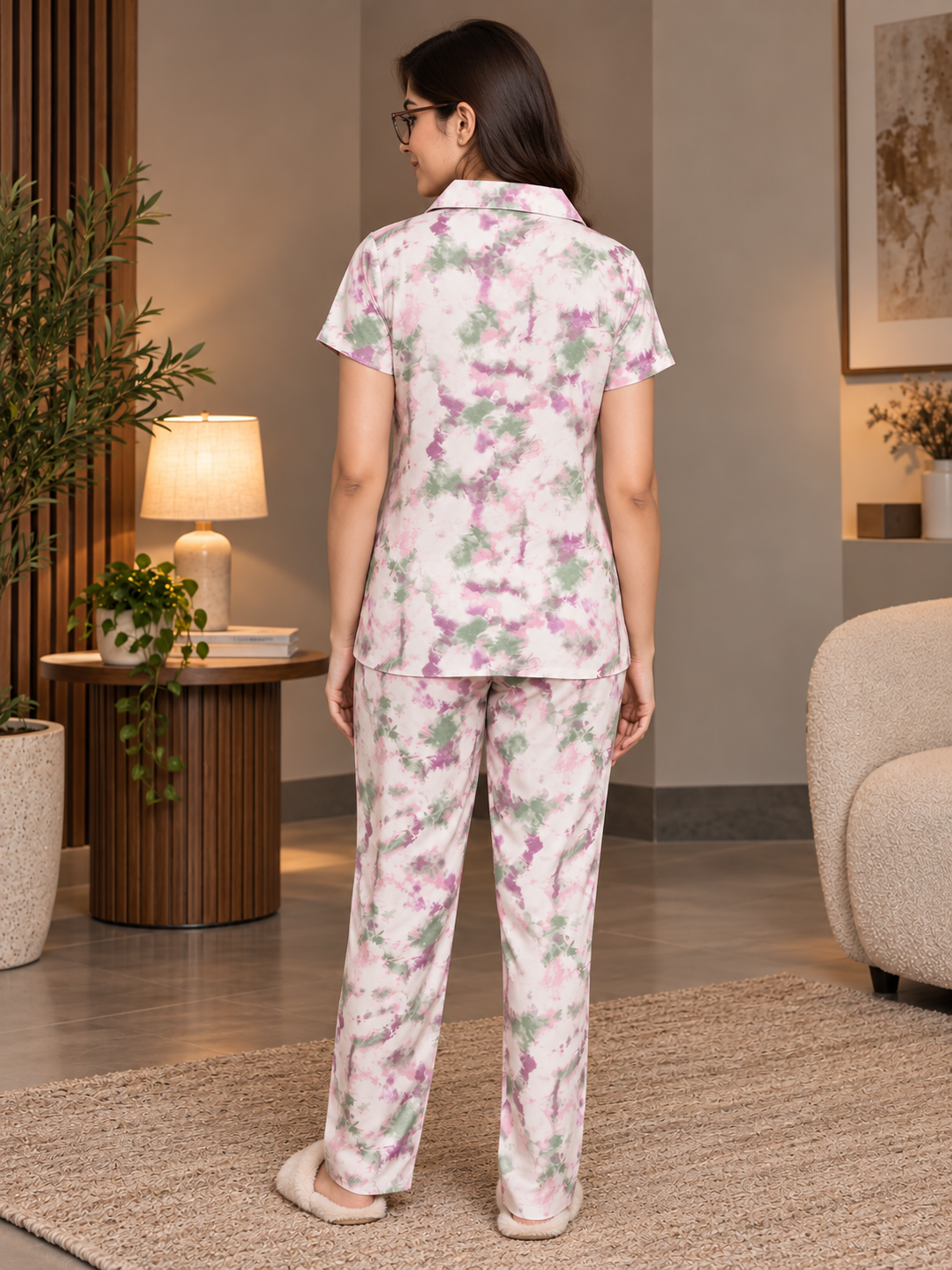 Pink Graphic Print Viscose Rayon Night Suit for Women | Claura