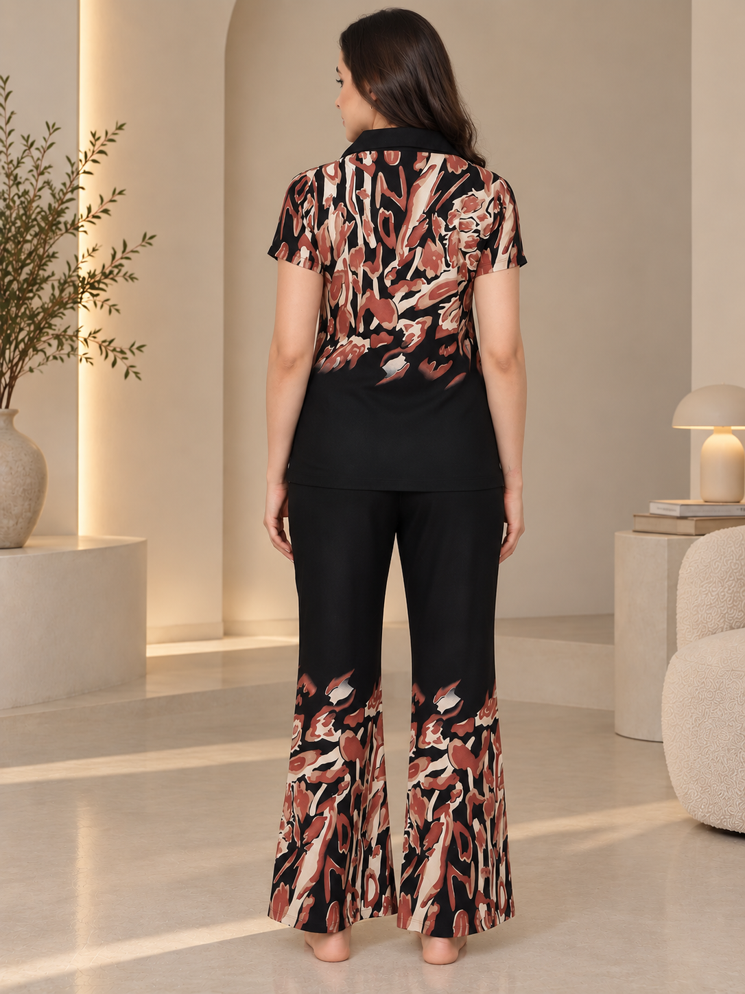 Black Abstract Ombre Printed Rayon Night Suit | Claura