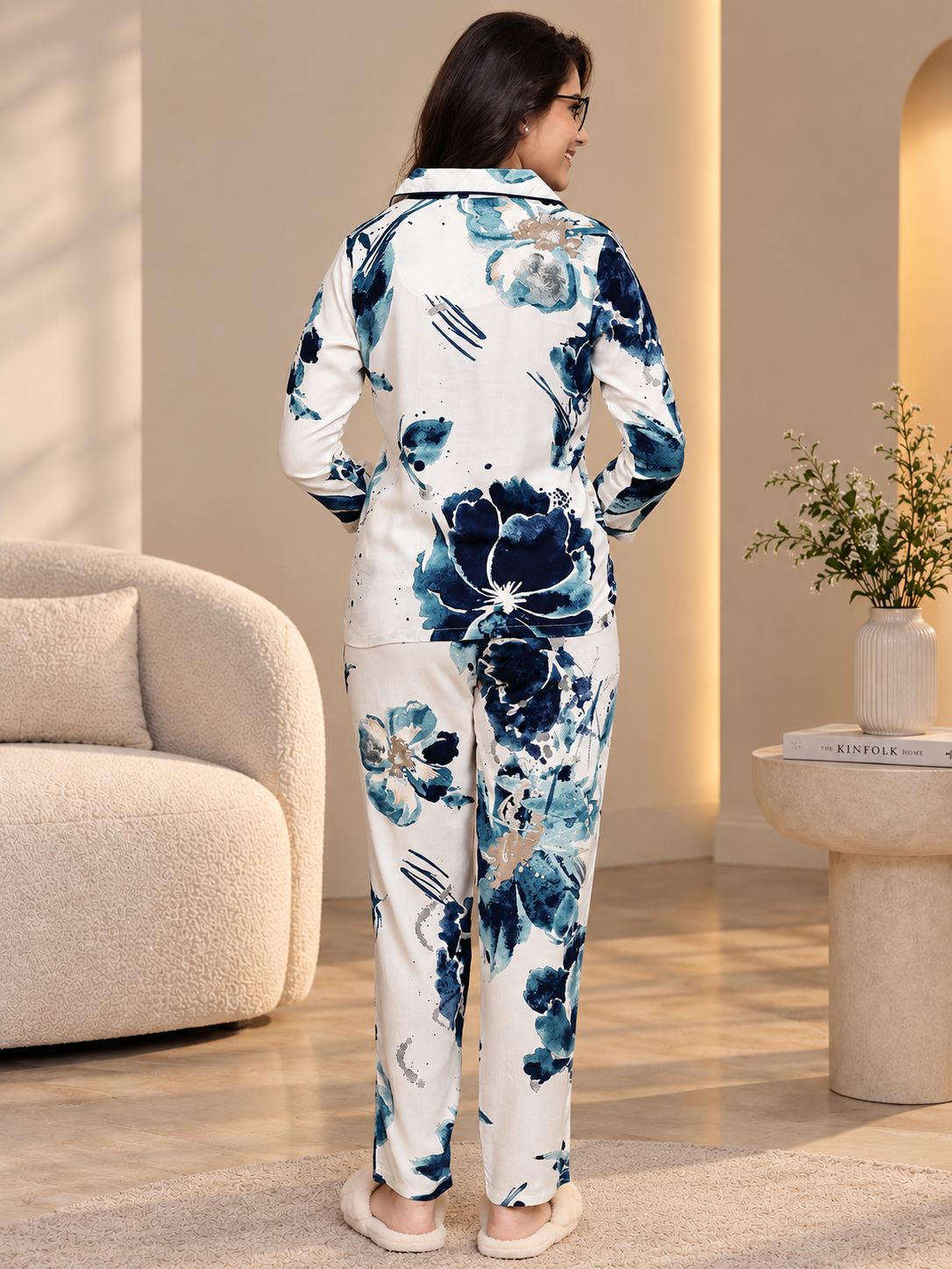 Blue Viscose Floral Printed Night Suit for Women | Claura