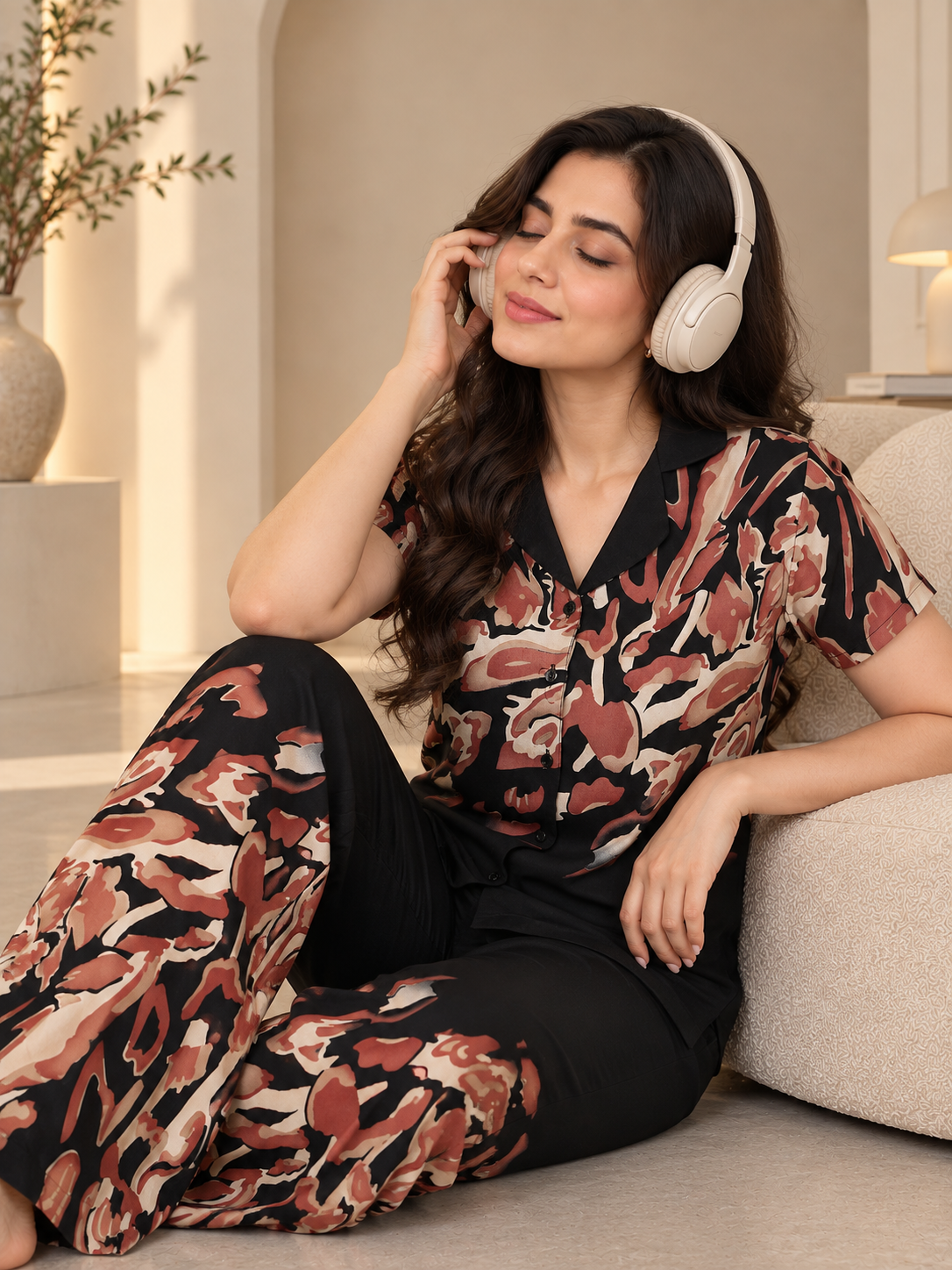 Black Abstract Ombre Printed Rayon Night Suit | Claura