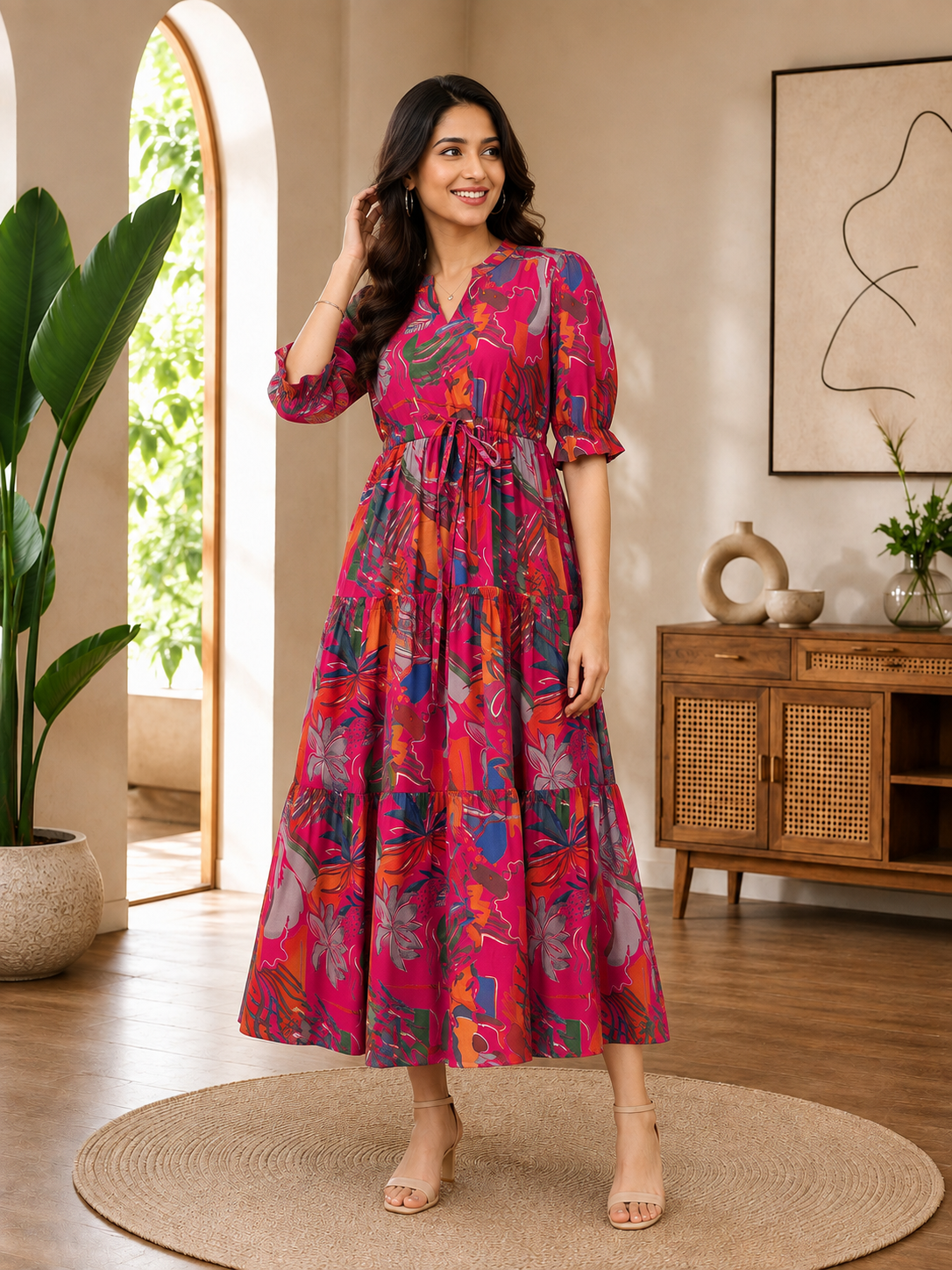Pink Floral Printed Premium Chanderi Ethnic Long Dress for Women | Claura