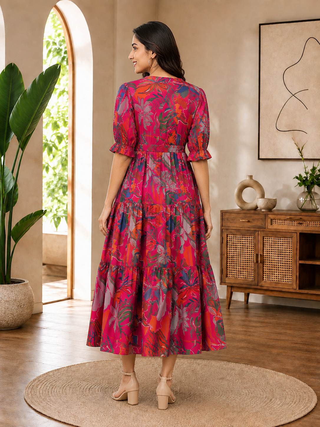 Pink Floral Printed Premium Chanderi Ethnic Long Dress for Women | Claura