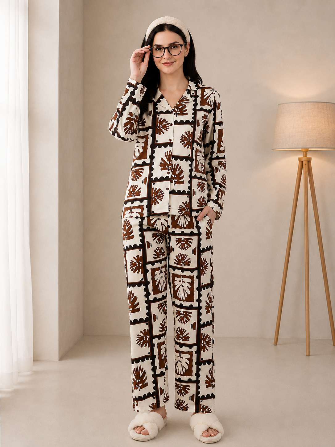 Brown Viscose Rayon Abstract Printed Night Suit for Women | Claura