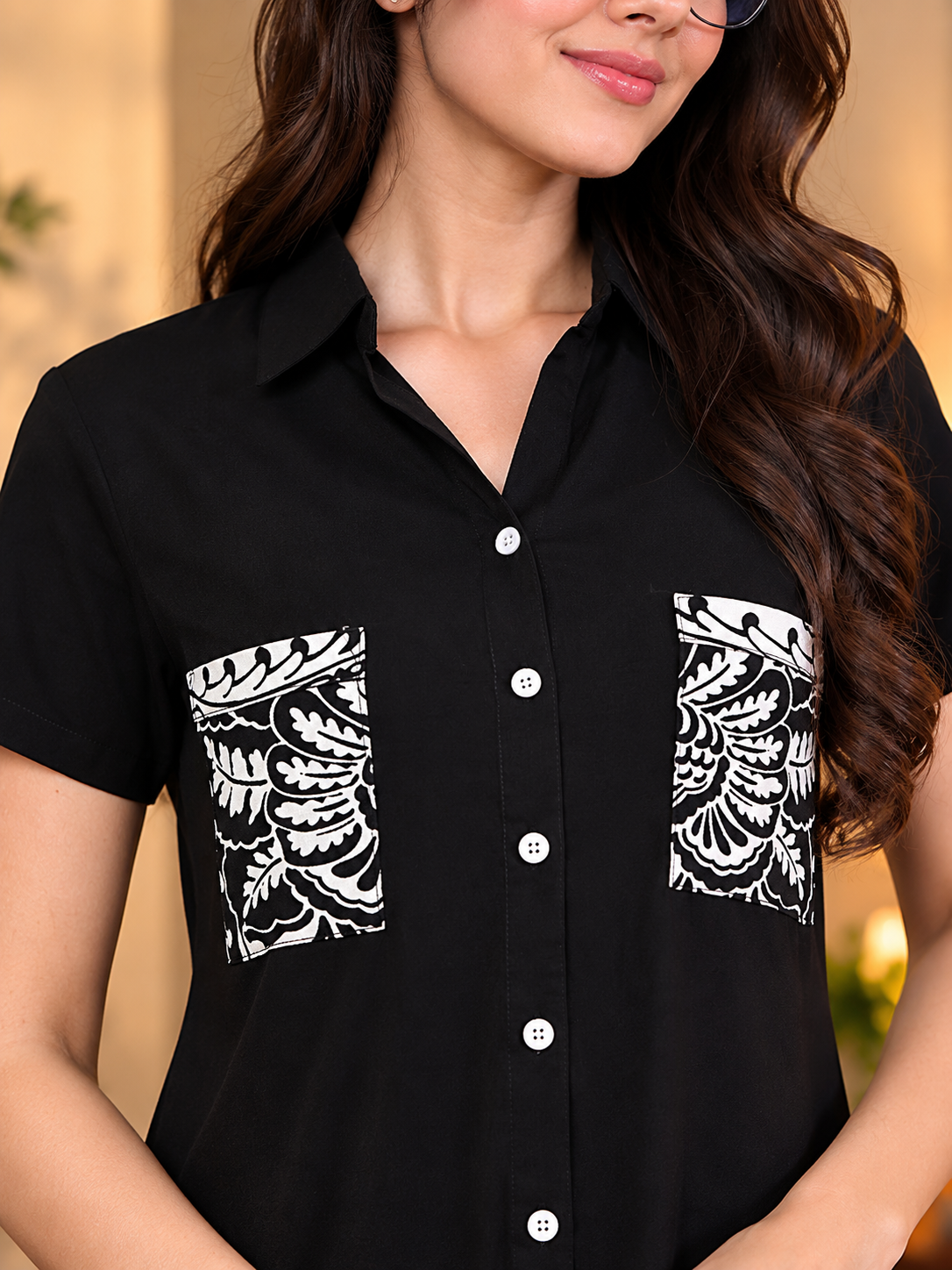 Black Abstract Viscose Rayon Night Suit for Women | Claura