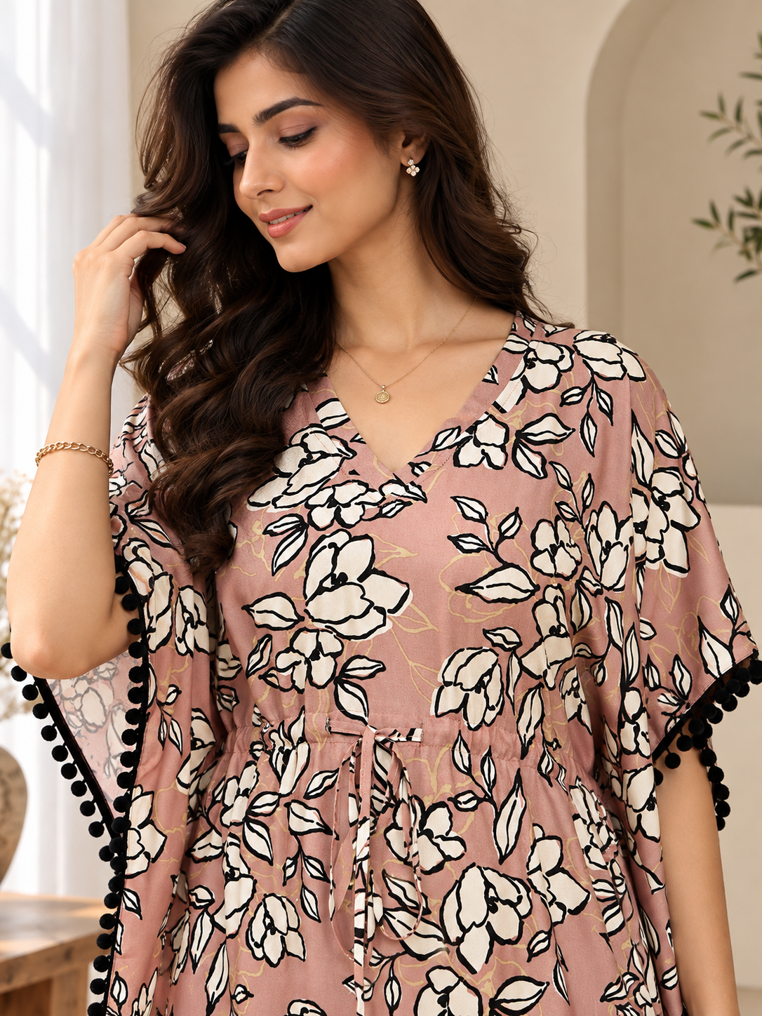 Pink Chanderi Silk Kaftan Dress for Women | Claura