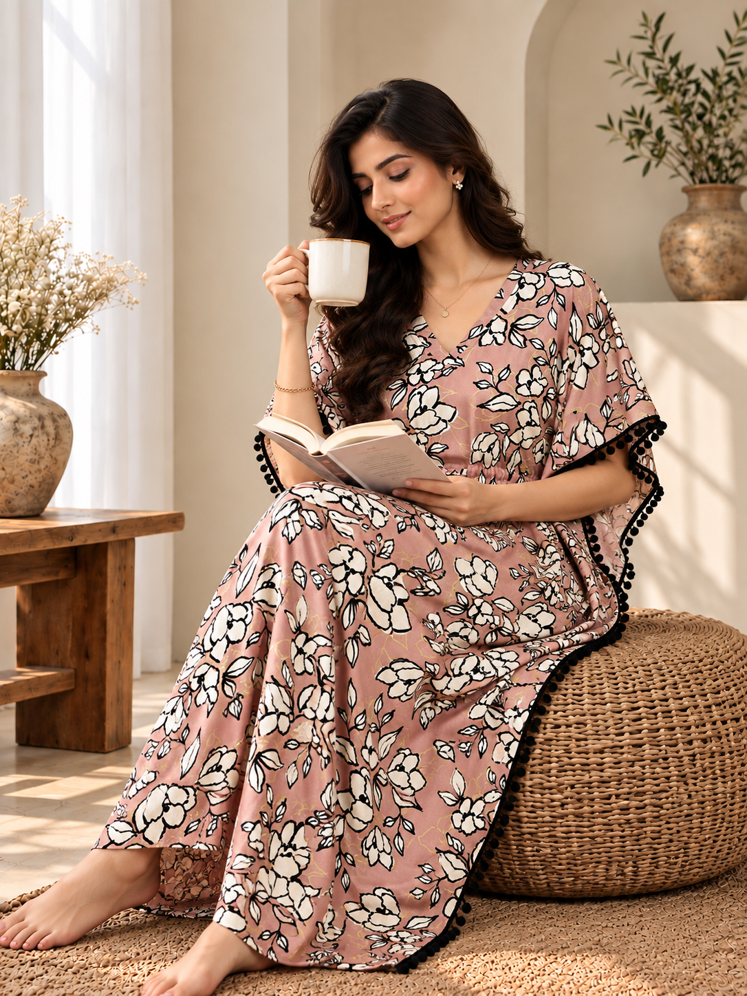 Pink Chanderi Silk Kaftan Dress for Women | Claura