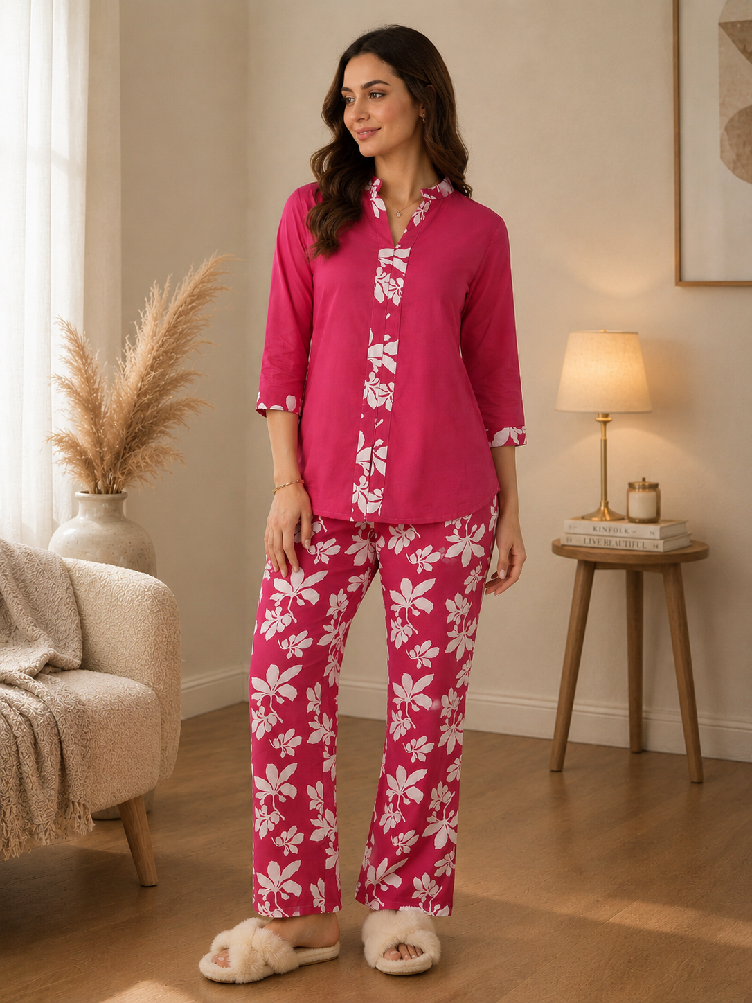 Elegant Pink Floral Printed Rayon Night Suit For Women | Claura