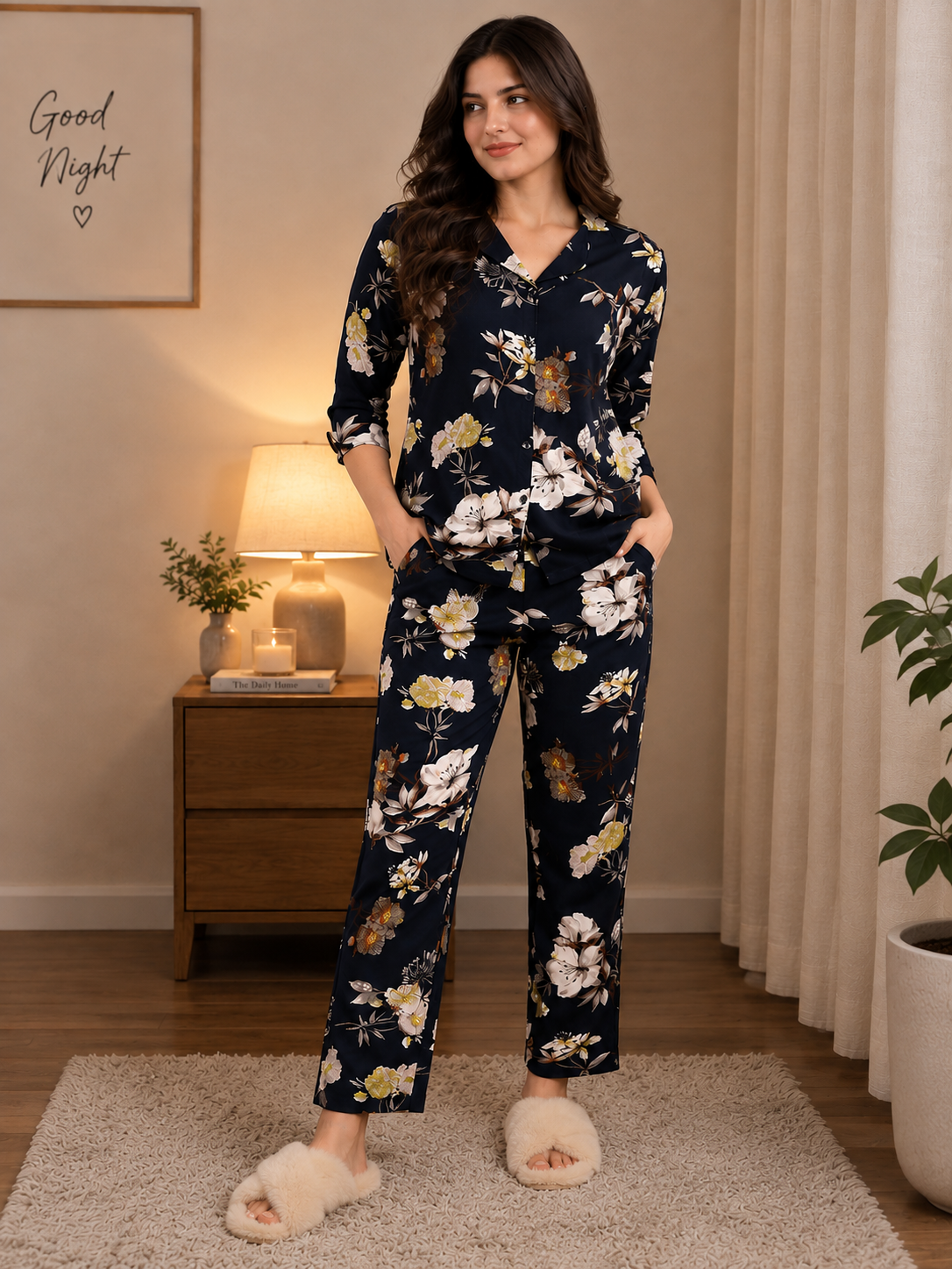 Navy Classic Floral Pure Cotton Night Suit for Women | Claura
