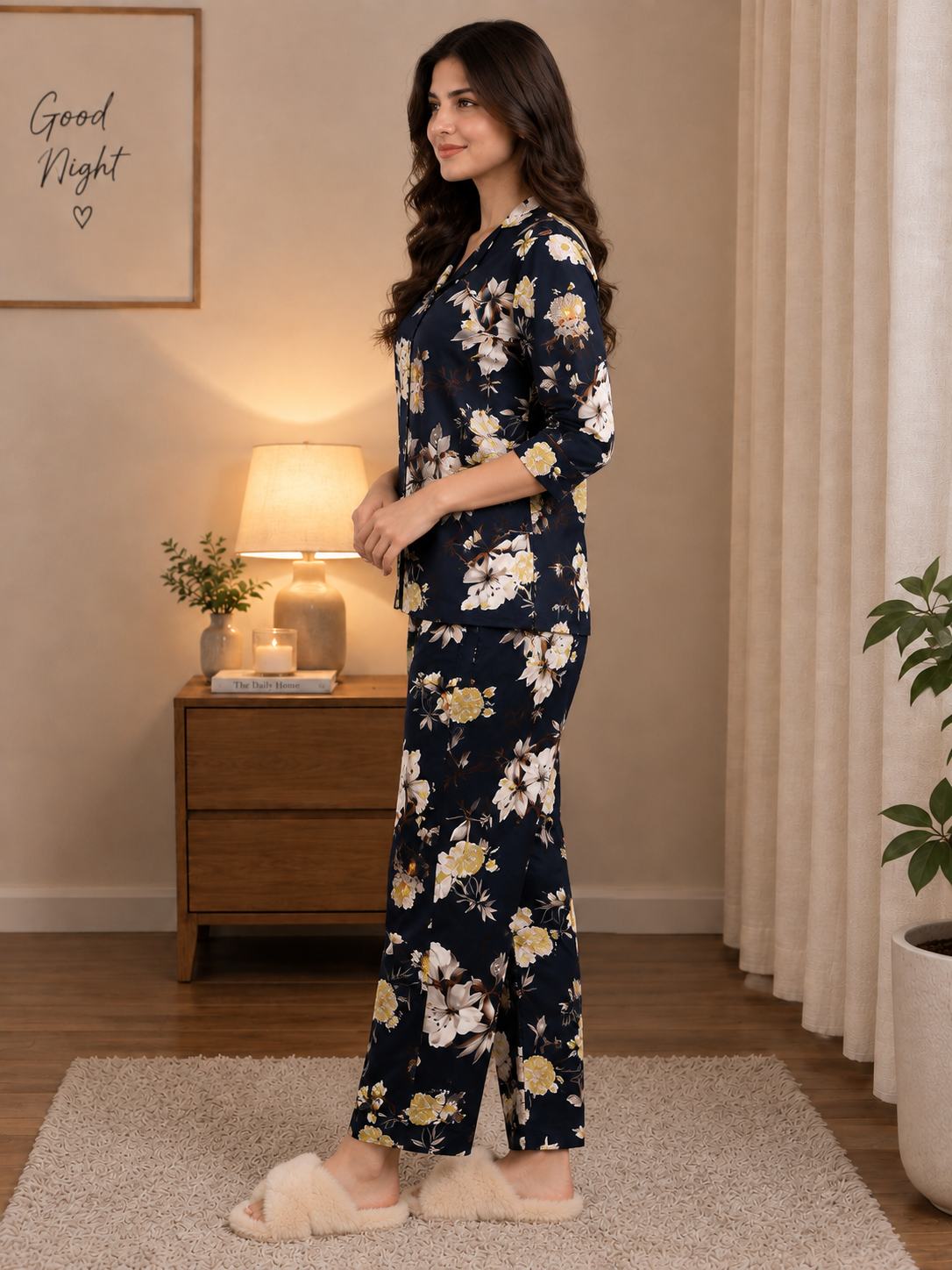 Navy Classic Floral Pure Cotton Night Suit for Women | Claura