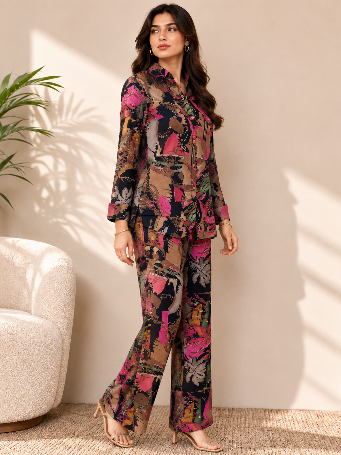 Navy Blue Floral Chanderi Silk Co-Ord Set for Women